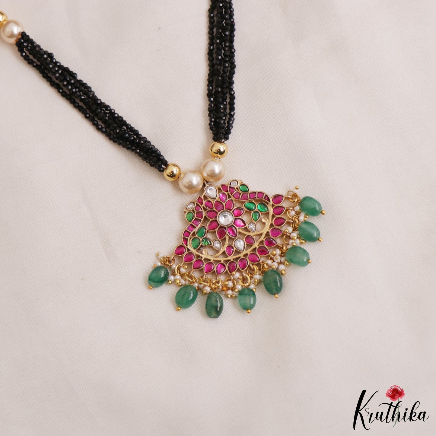 Classic Floral Jadau Pendant With Multi Layered Black Beads Chain NC2962