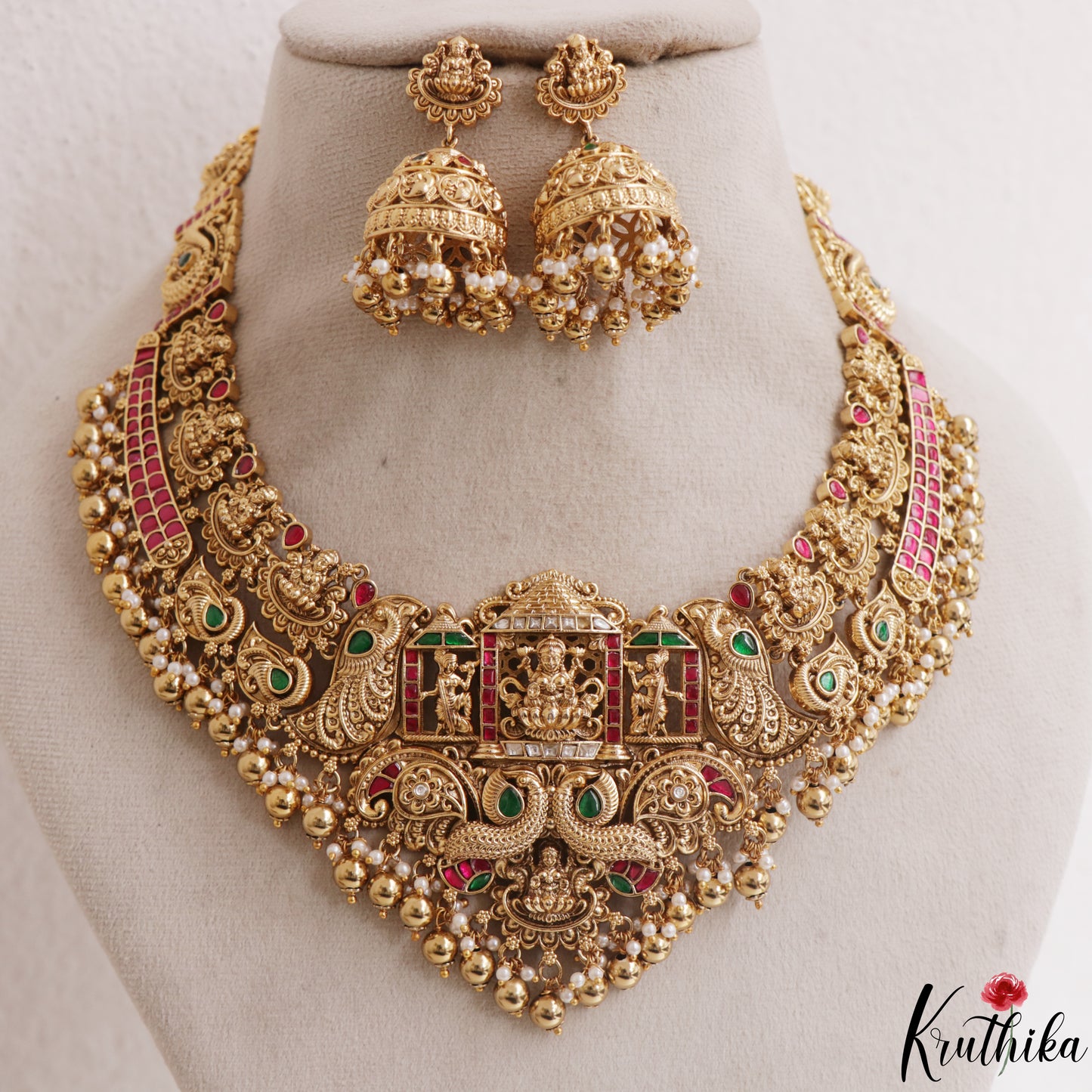 Premium Antique Nagas Lakshmi Peacock Motifs Jadau Necklace With Golden Bead Drops NC3107