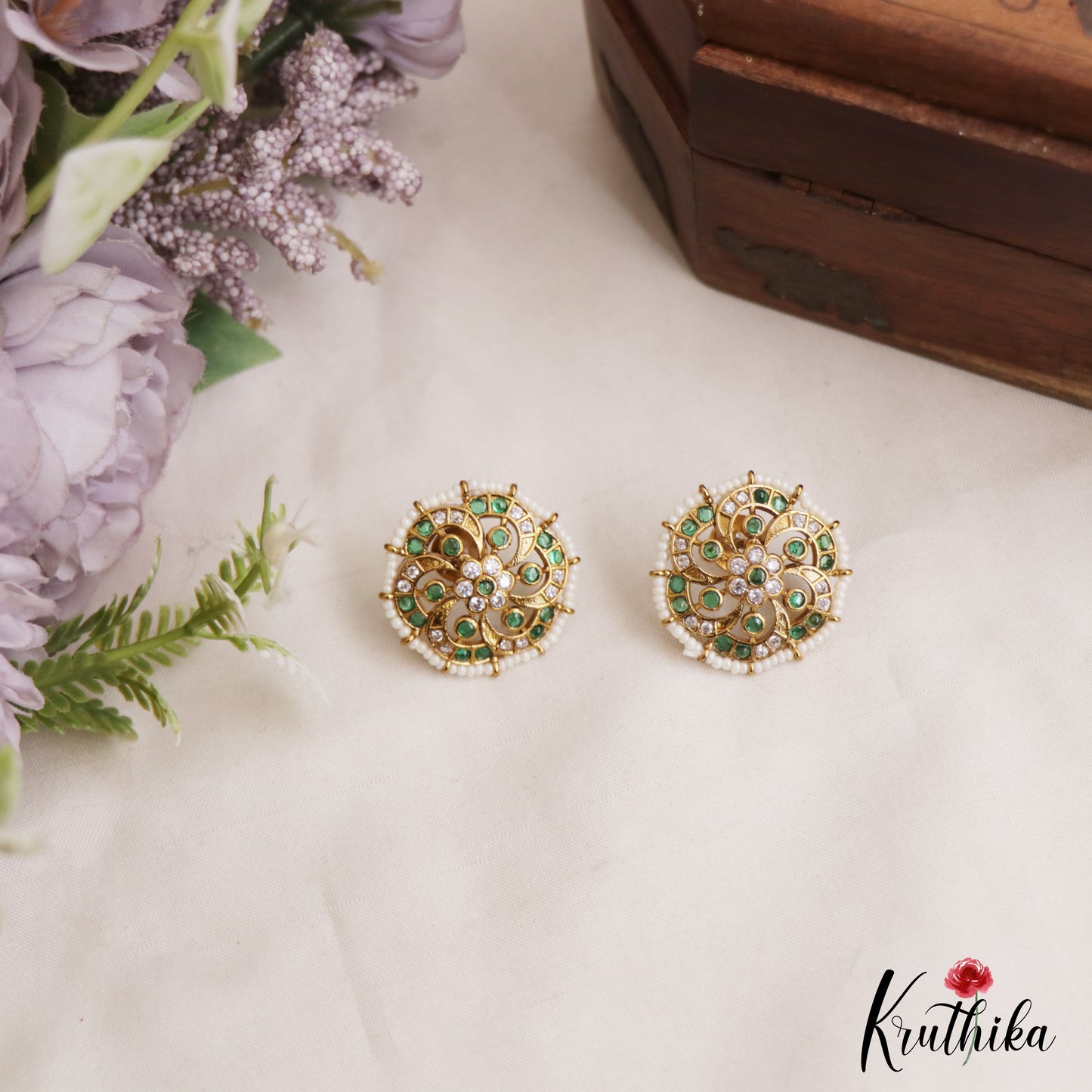 Elegant Pearl Border Floral Stud Earrings E1088 (Available In 3 Colors)