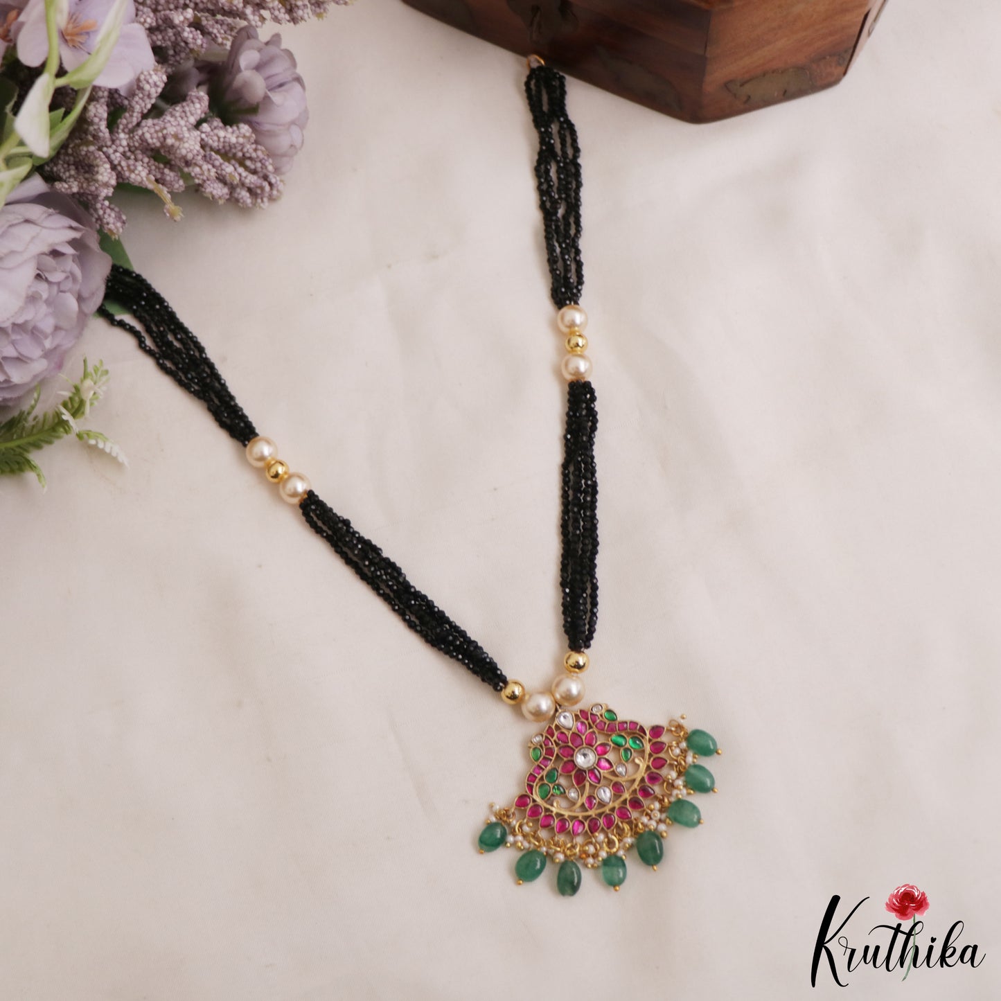 Classic Floral Jadau Pendant With Multi Layered Black Beads Chain NC2962