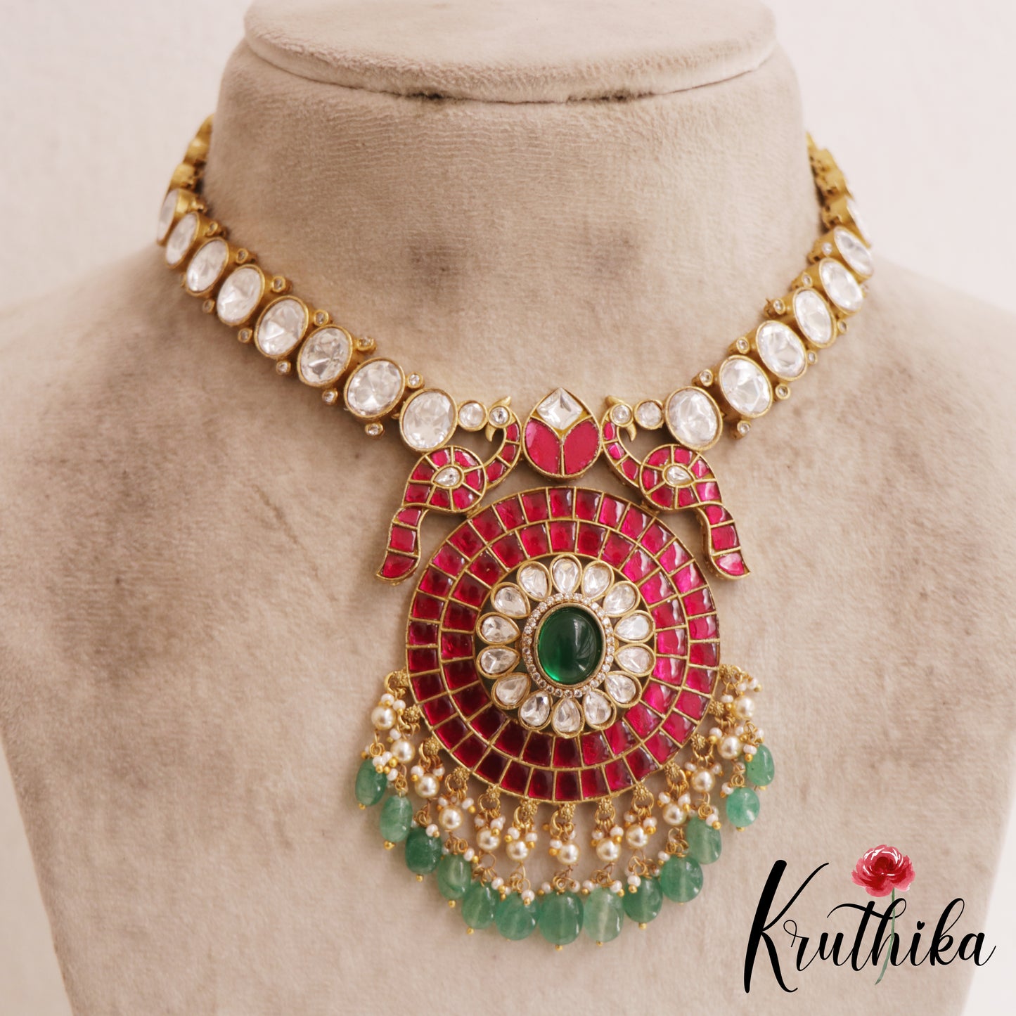 Stunning Floral Peacock Motifs Jadau Pendant With Polki Necklace NC2890