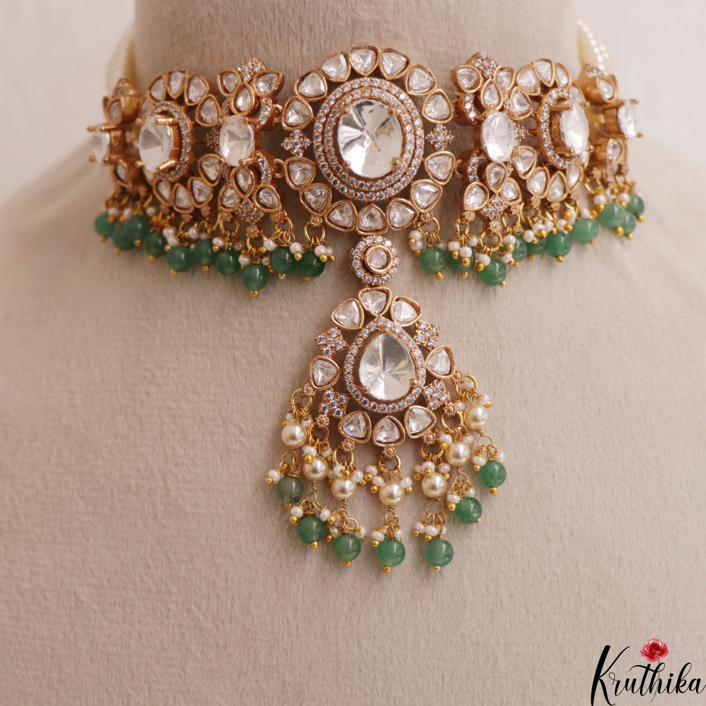Stunning Polki Victorian Choker With Multi Pearl Strand Chain NC3002 (Available IN 2 Colors)