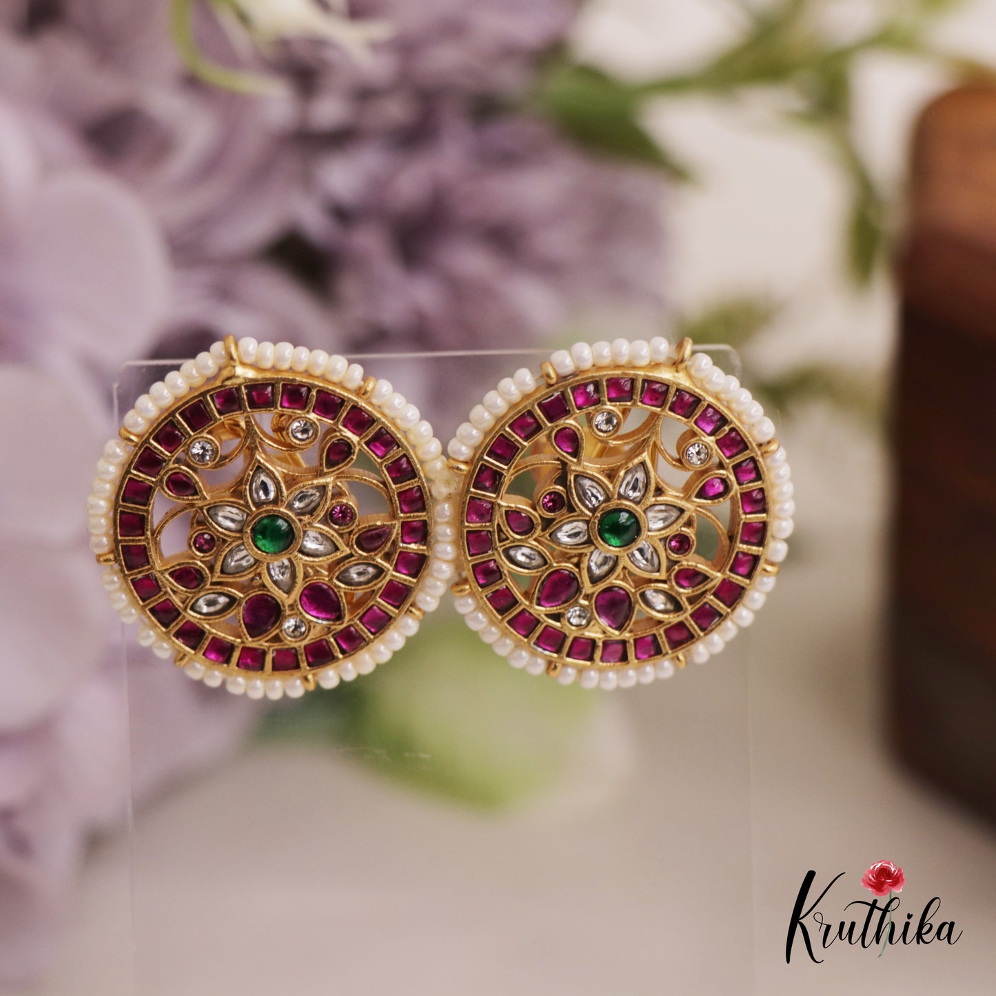 Elegant Pearl Border Floral Teardrop Motifs Jadau Stud Earrings E949