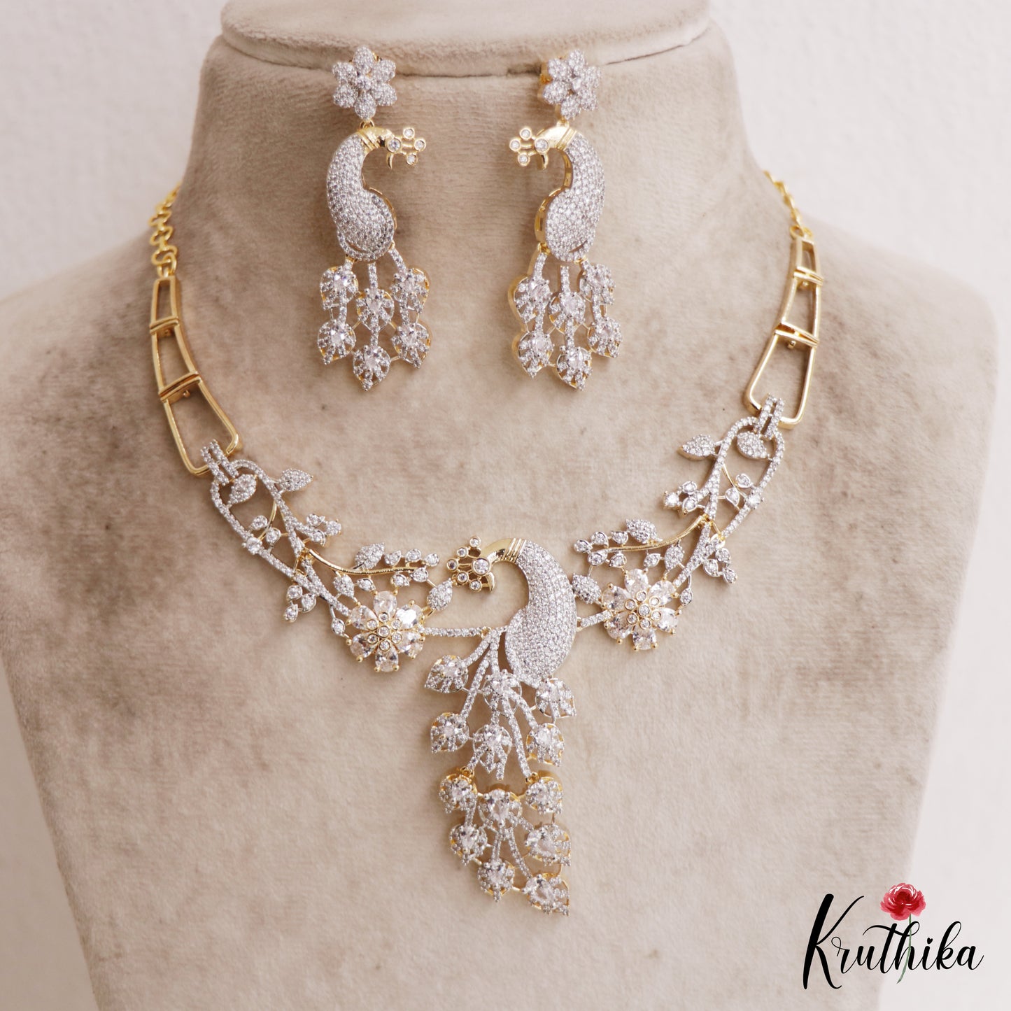 Sparkling Peacock Motifs Gold-Tone Diamond-Finish AD Choker NC2869