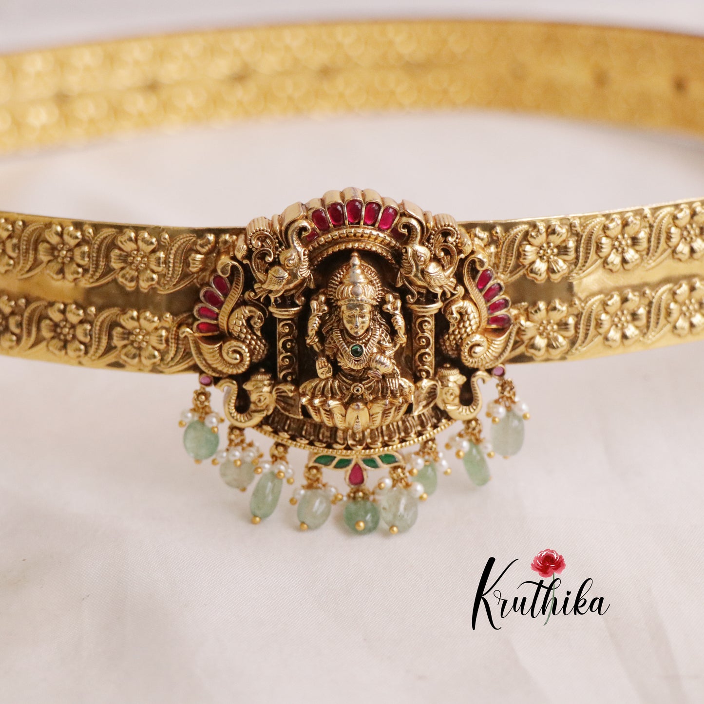 Premium Antique Lakshmi Jadau Hip Belt with Pastel Green Beads V274