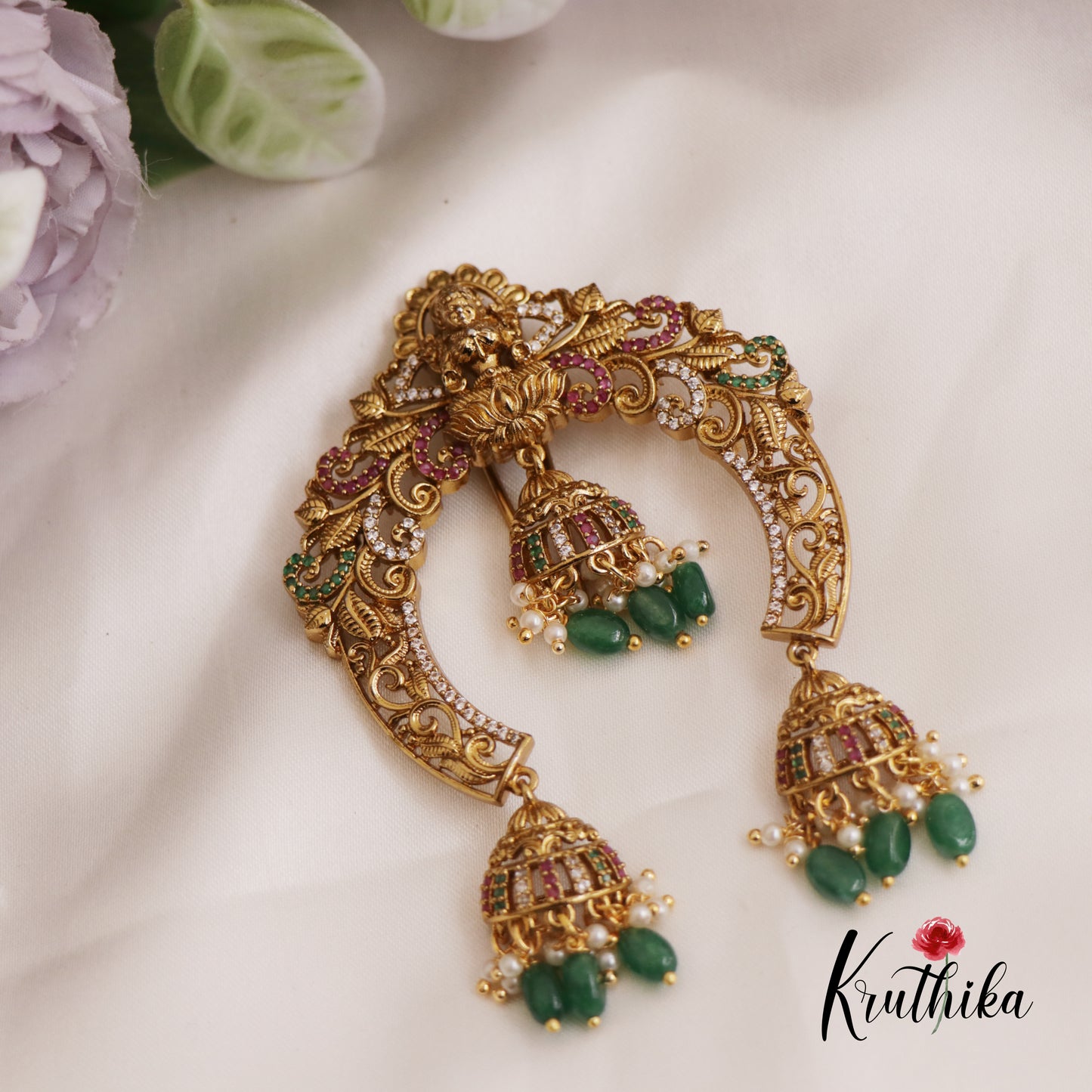 Gorgeous Antique Lakshmi Motifs Jhumka Jadau Jada Billa With Green Bead Drops J327