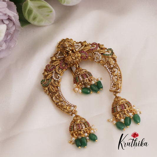 Gorgeous Antique Lakshmi Motifs Jhumka Jadau Jada Billa With Green Bead Drops J327