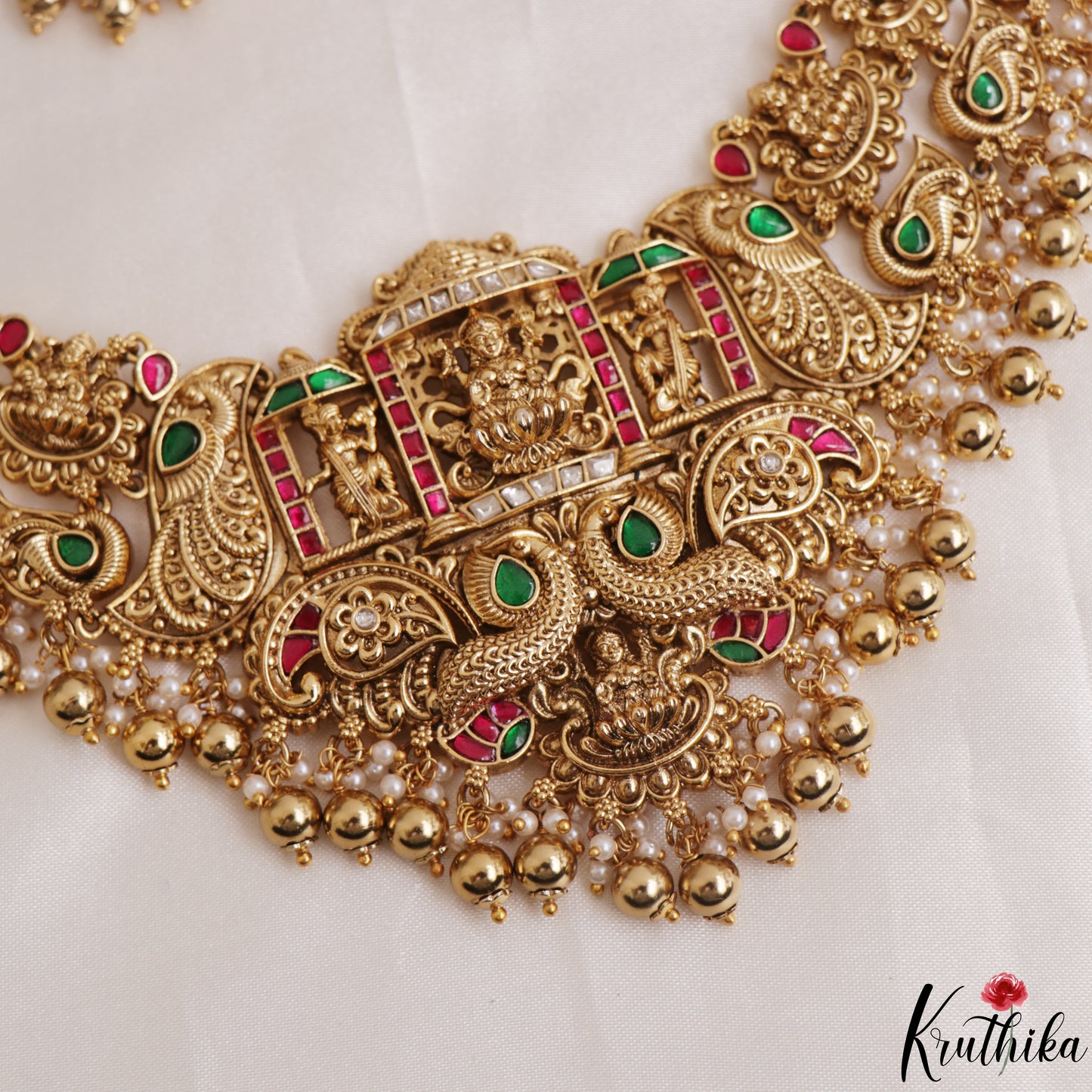 Premium Antique Nagas Lakshmi Peacock Motifs Jadau Necklace With Golden Bead Drops NC3107