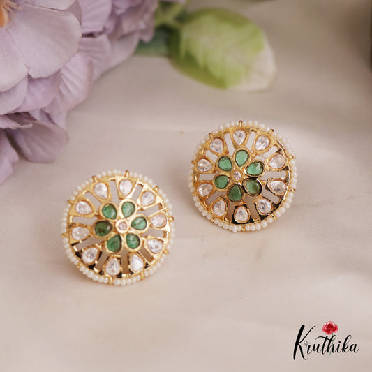Trendy Pearl Border Floral Motifs AD Stud Earrings E991 (Available In 6 Colors)