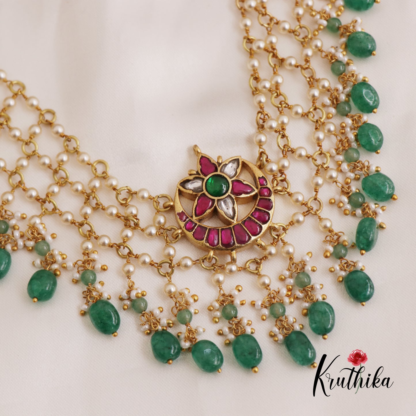 Elegant Floral Pendant Multi Strand Pearl Beads Necklace NC2659