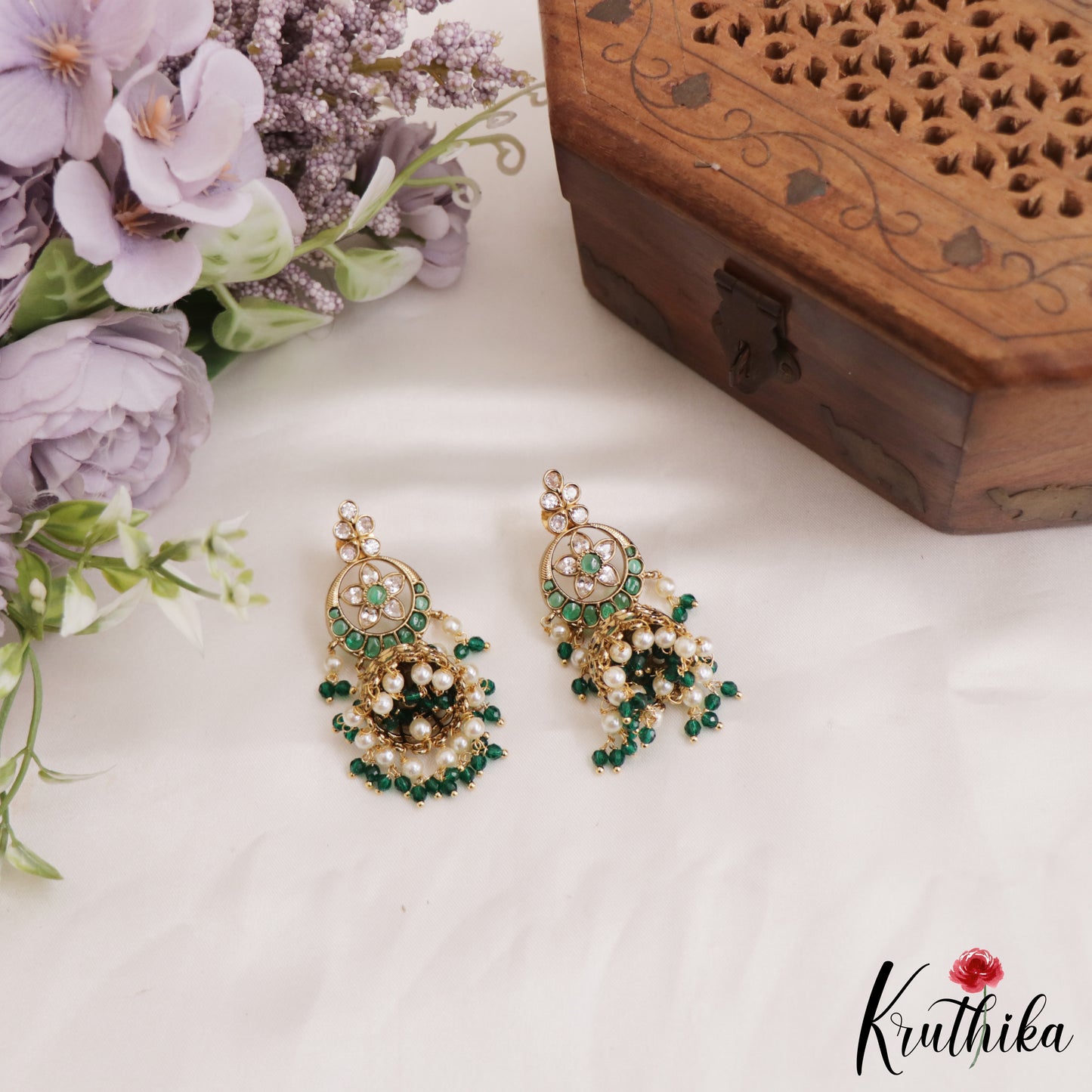 Gorgeous AD Floral Jhumka Earrings With Pearl And Beads Drops E877 (Available In 4 Colors)