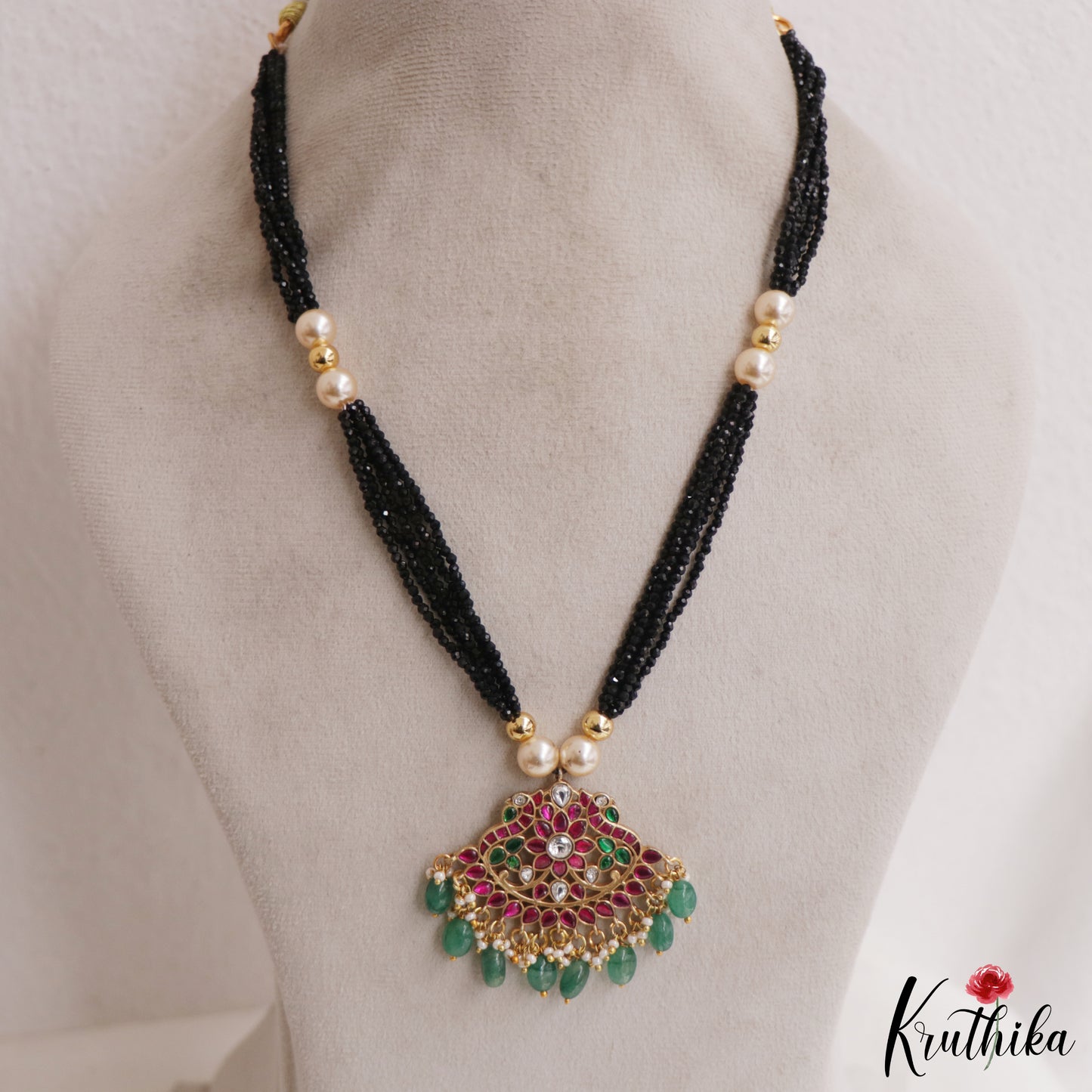 Classic Floral Jadau Pendant With Multi Layered Black Beads Chain NC2962