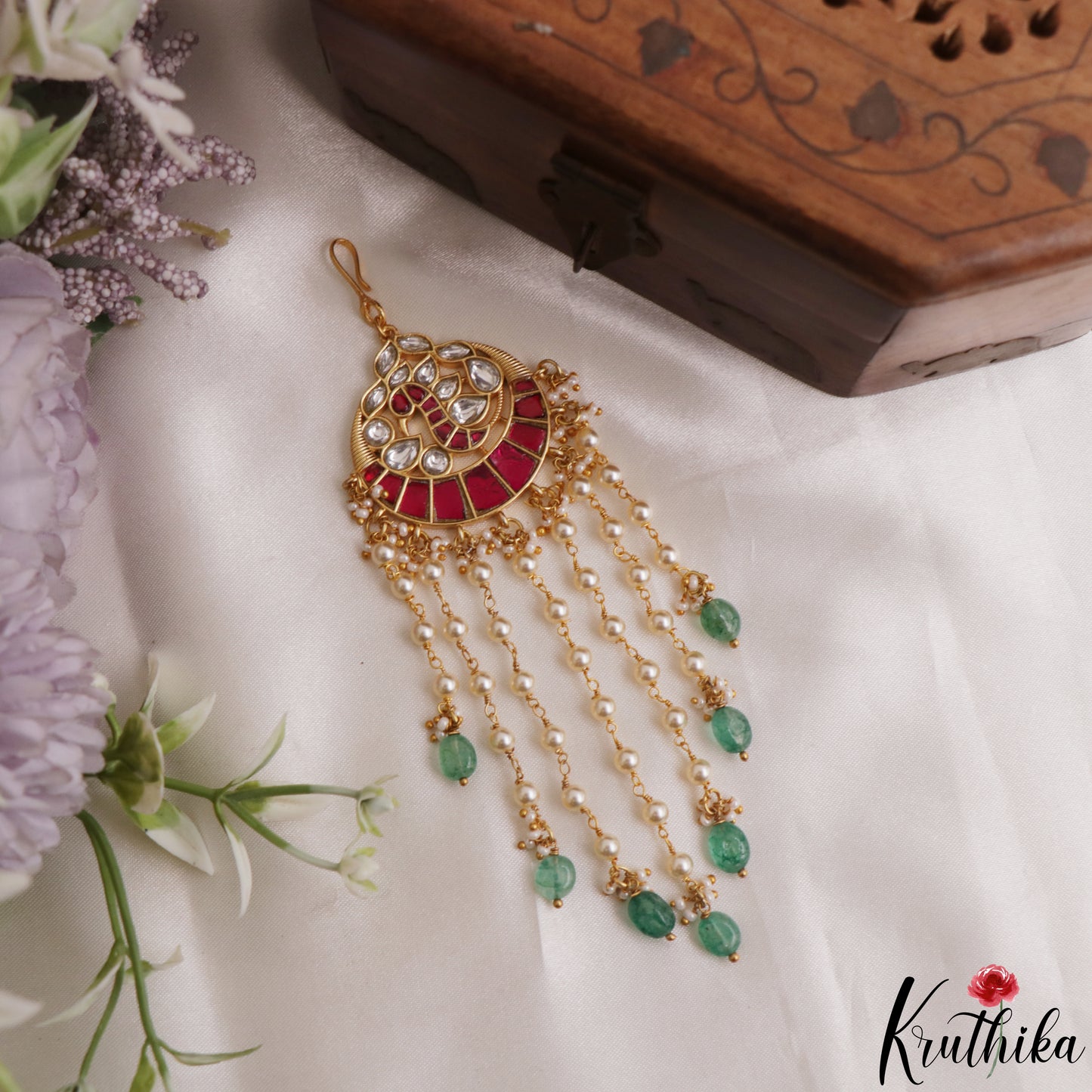 Classic Peacock Motifs Maang Tikka With Green Bead Drops MT392 (Available In 2 Colors)