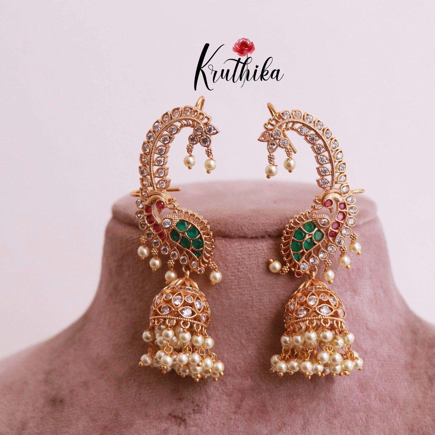 Beautiful AD Peacock Ear cuff jhumkas E460 (Available in two colors)