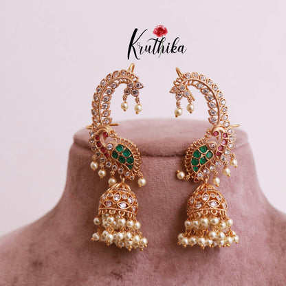 Beautiful AD Peacock Ear cuff jhumkas E460 (Available in two colors)