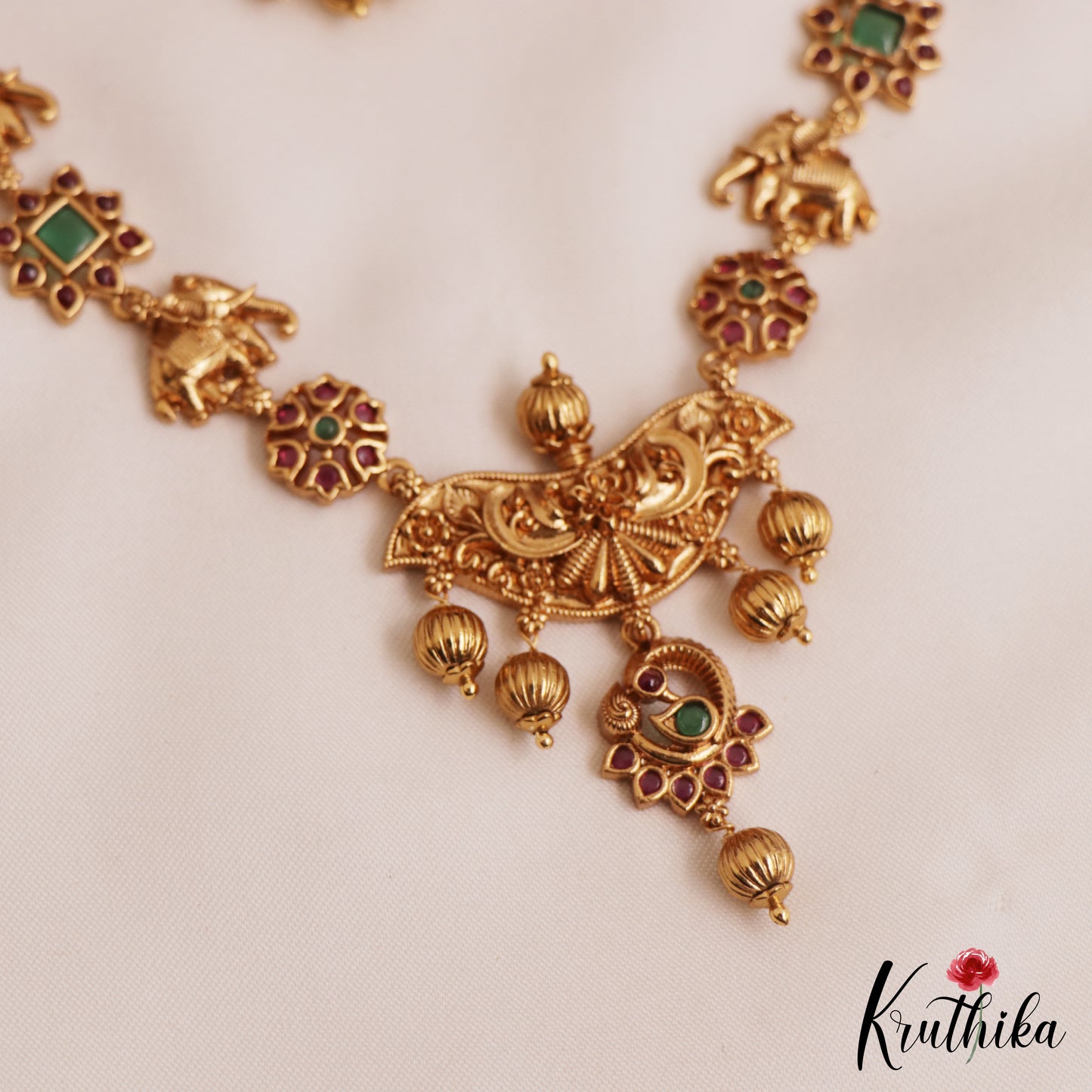 Simple Antique Floral Elephant Motifs With Golden Bead Drops NC2782