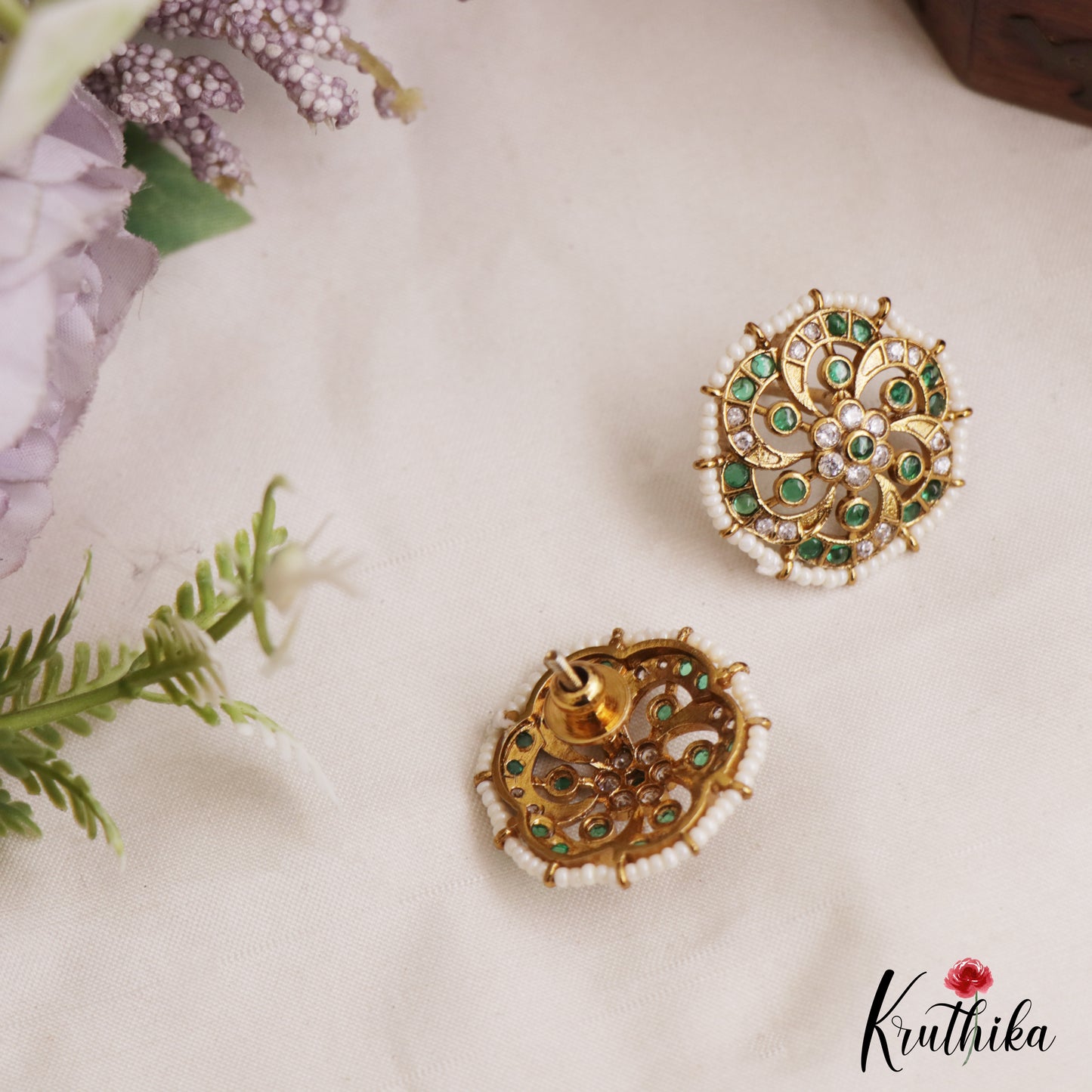 Elegant Pearl Border Floral Stud Earrings E1088 (Available In 3 Colors)