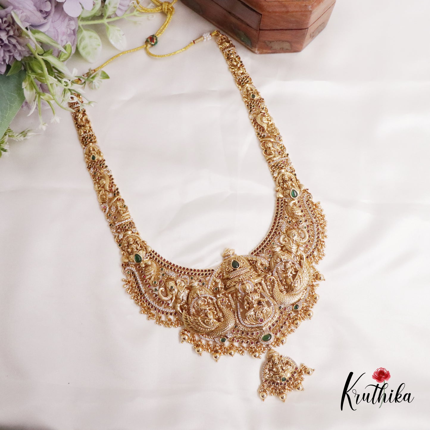 Premium Bridal Antique Temple Lakshmi Haaram with Beads Drops LH1945 (Available in 2 Colors)