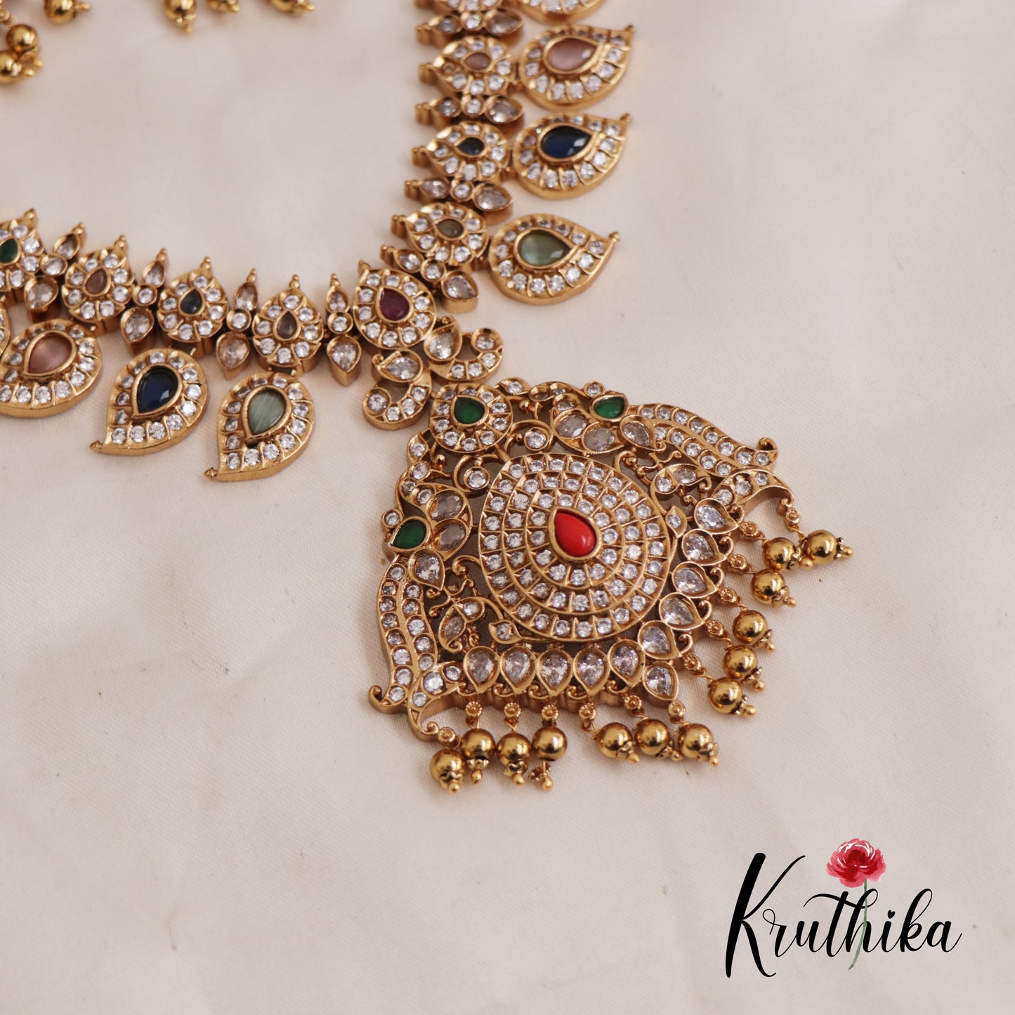 Gorgeous CZ Multi Colour Mango Necklace With Golden Bead Dropps NC2589