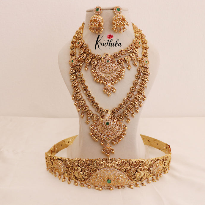 Premium Intricate layered peacock AD stones golden bead drops Bridal set BS37