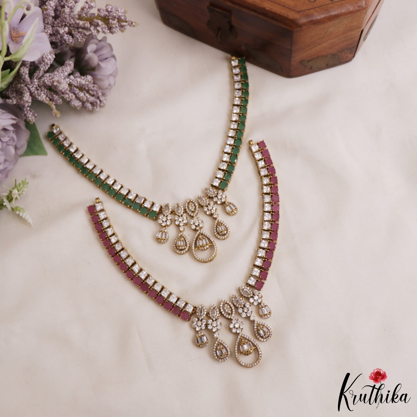 Beautiful Floral Teardrop Motifs AD Victorian Choker NC2963 (Available In 2 Colors)