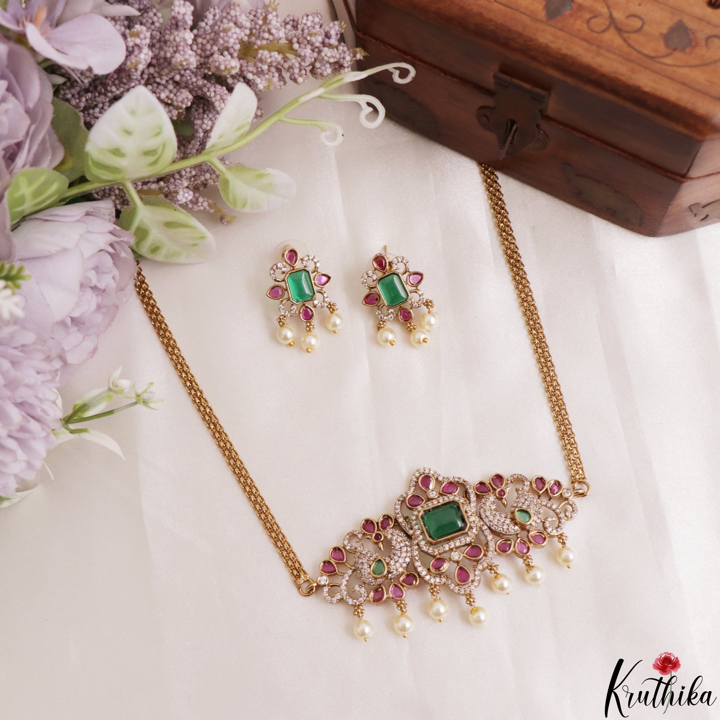 Sparkling Floral Peacock Motifs CZ Victorian Choker With Pearl Drops NC3182