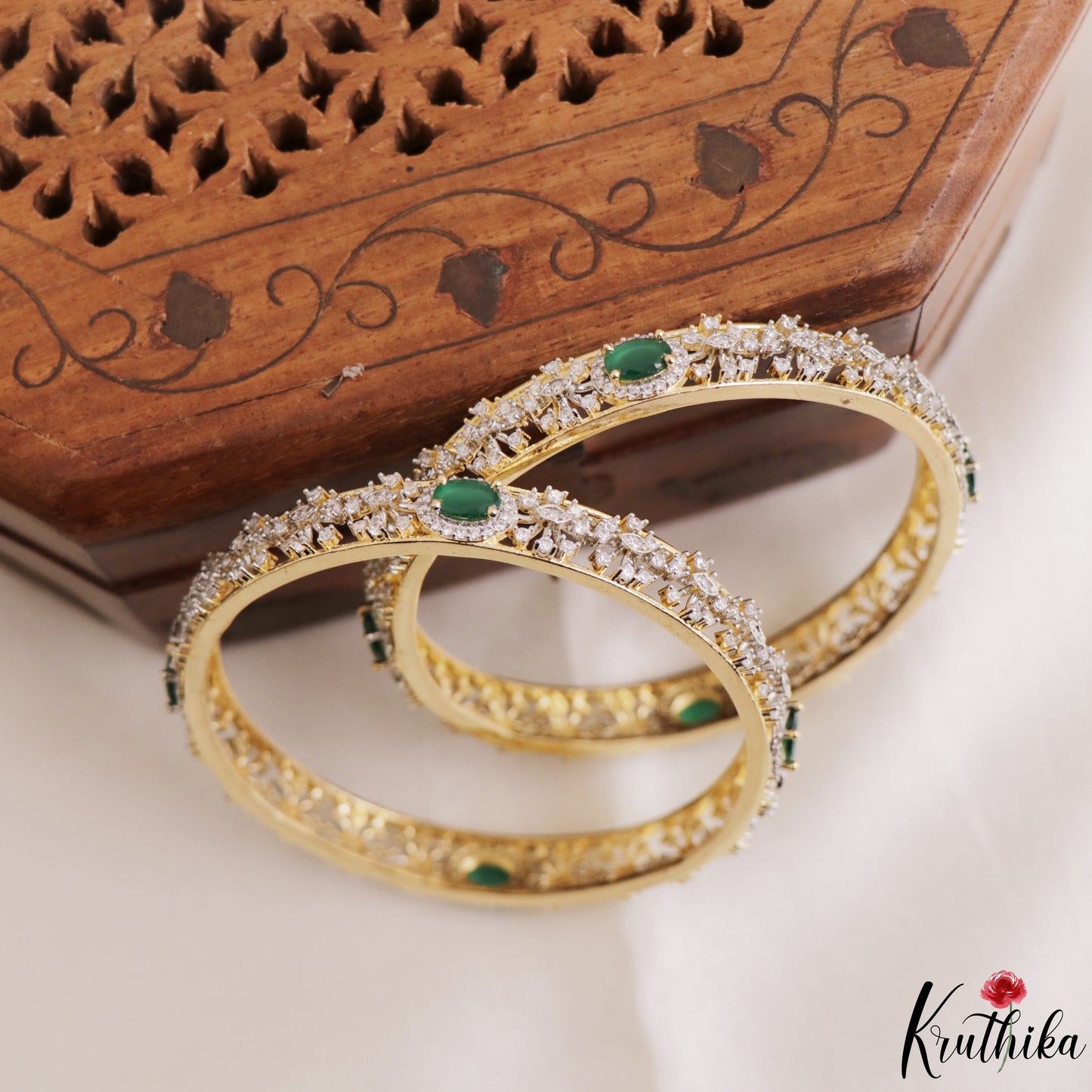 Elegant Floral Diamond-Finish Gold-Tone CZ Bangles B578 (Set of 2)|(Available In 2 Colors)