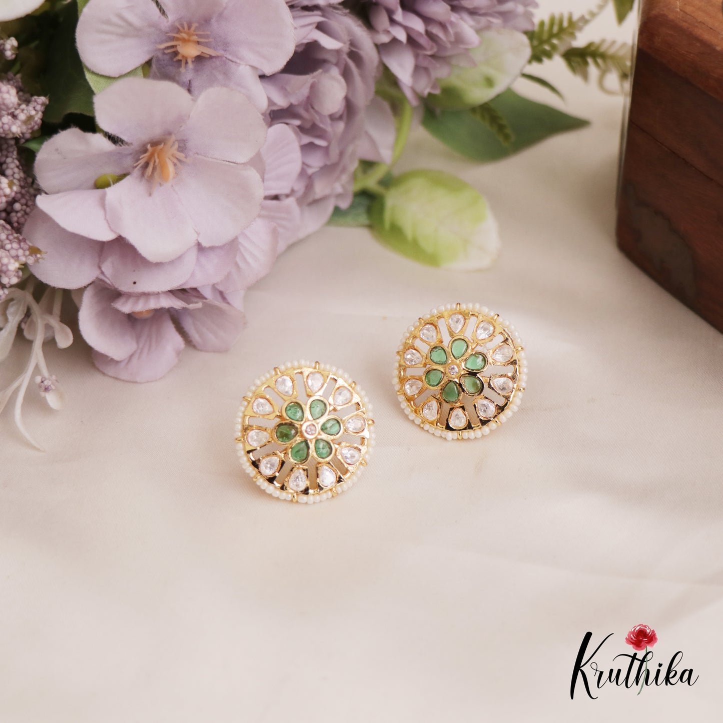 Trendy Pearl Border Floral Motifs AD Stud Earrings E991 (Available In 6 Colors)