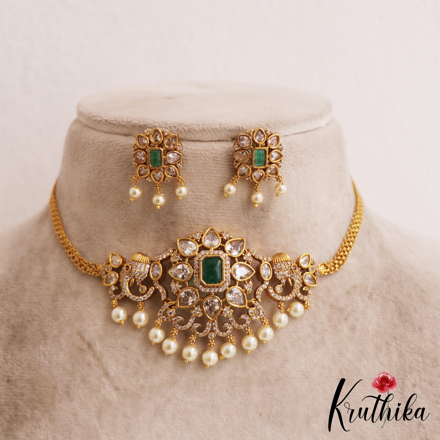 Elegant Floral Motifs AD Choker With Pearl Drops NC2811 (Available In 2 Colors)