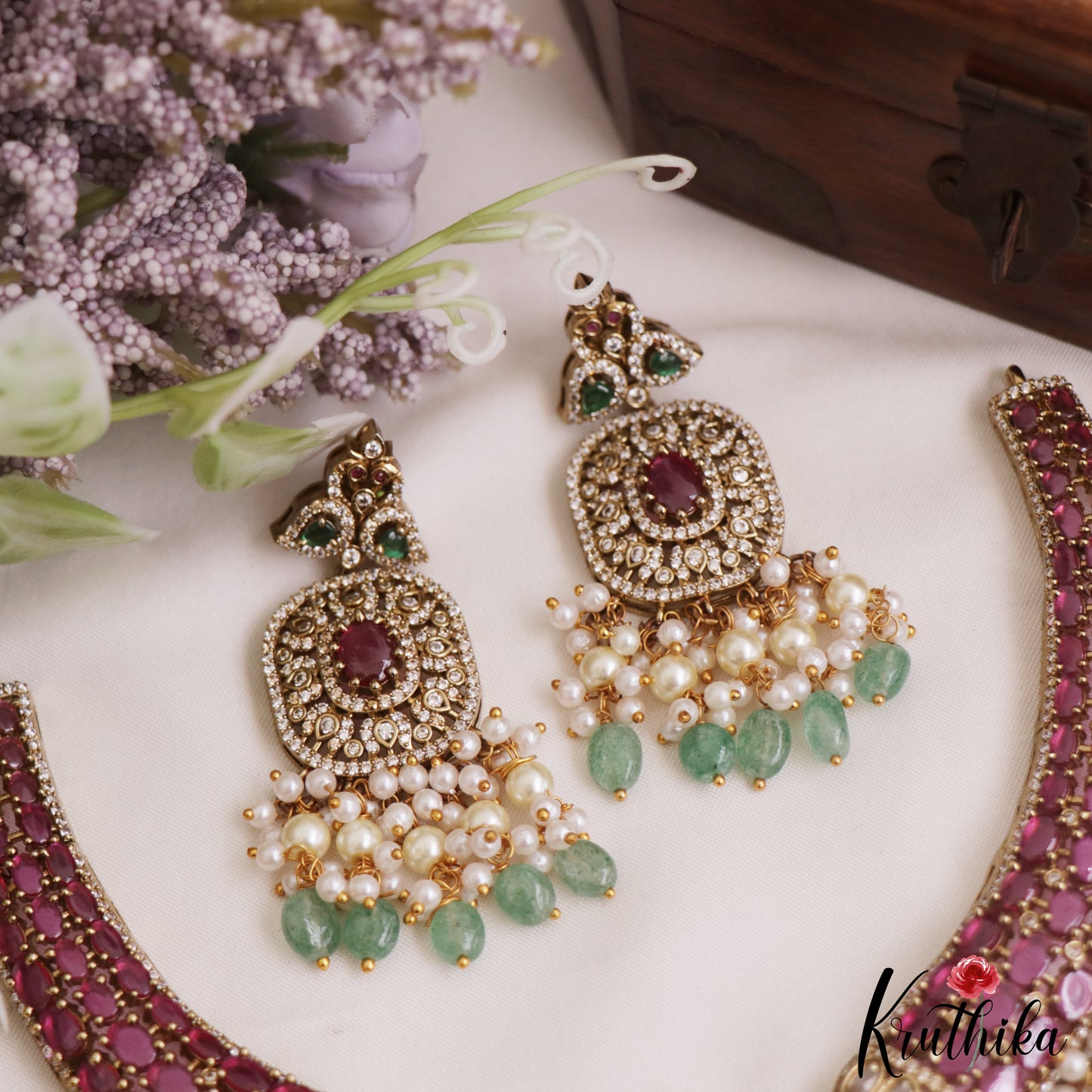 Gorgeous Peacock Motifs AD Choker With Pearl Bead Drops NC2798