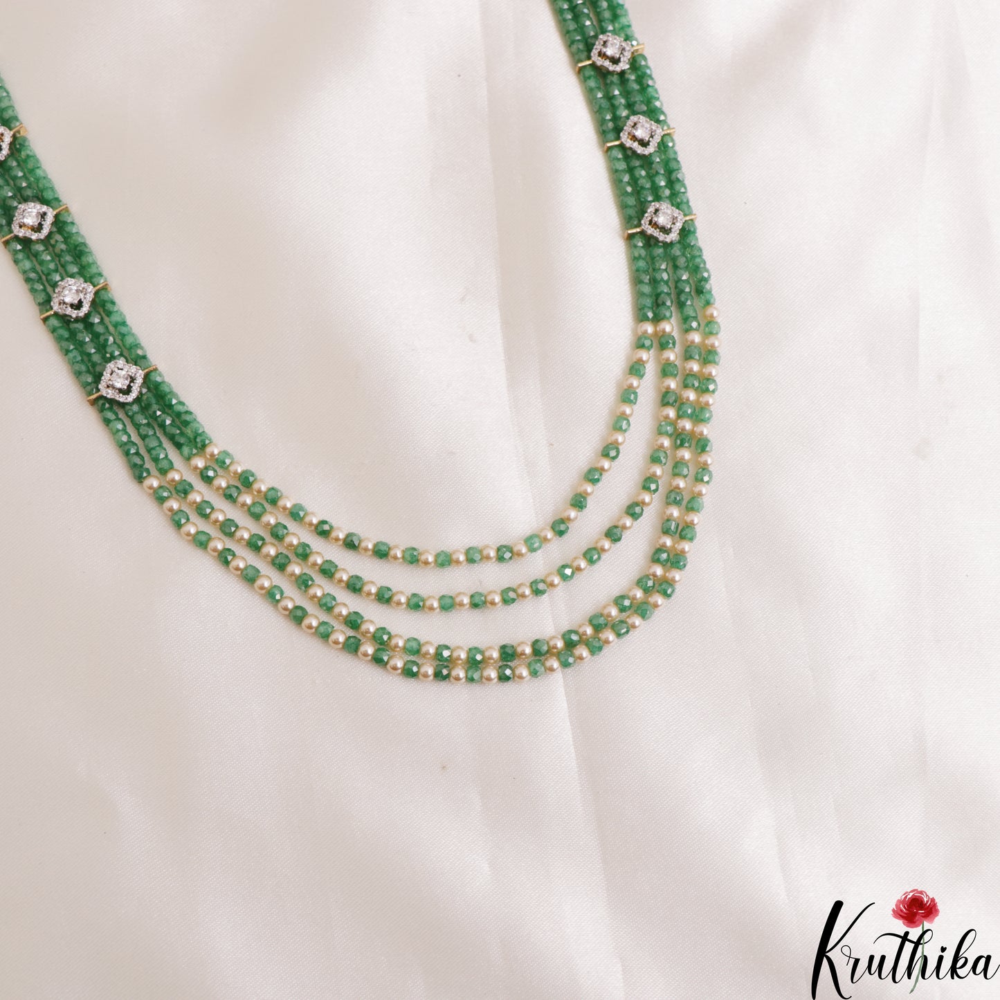 Trendy Multi Layered Crystal & Pearl Haaram With Floral Accents LH2129