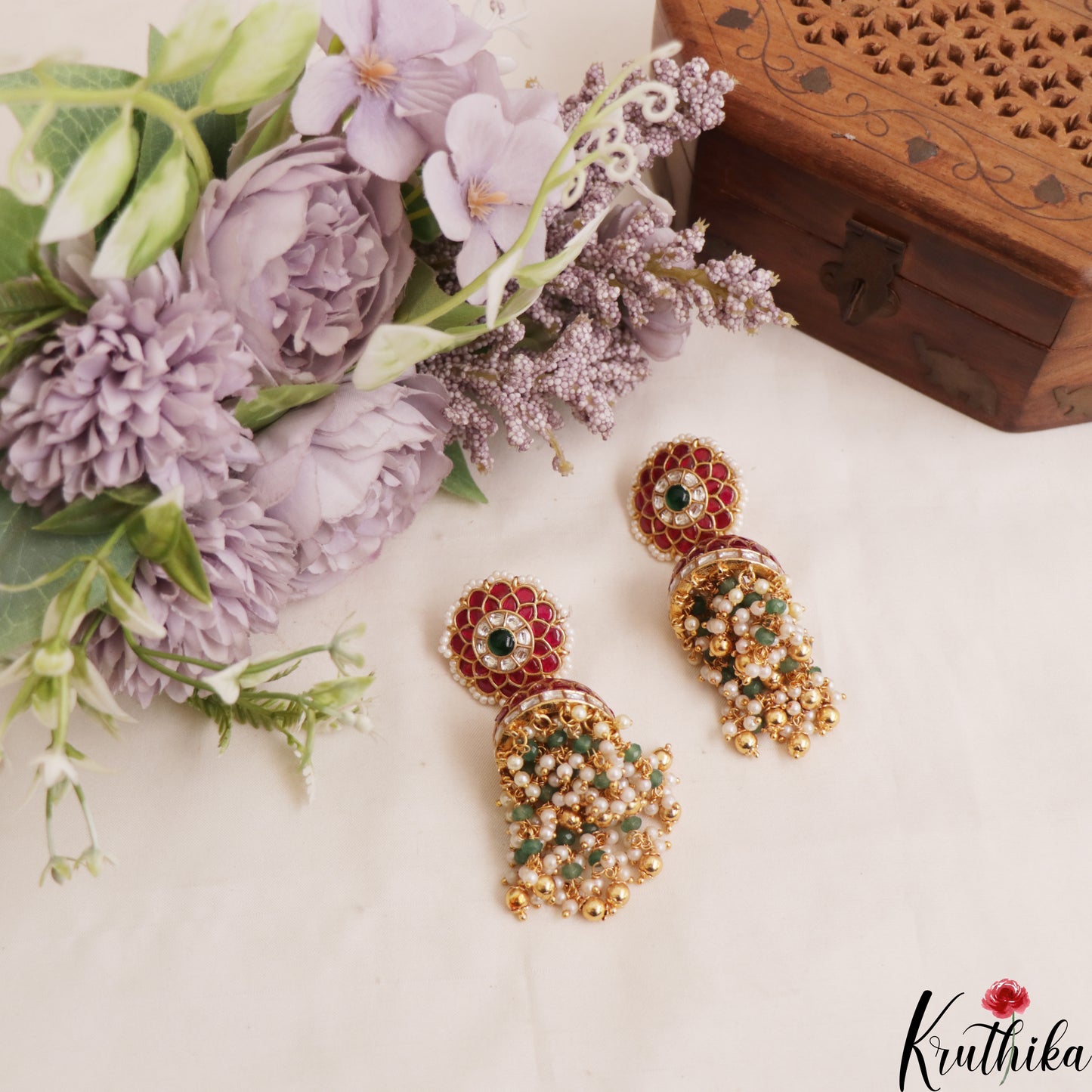 Gorgeous Floral Motifs Jadau Jhumkas With Pearl And Bead Drops E1068