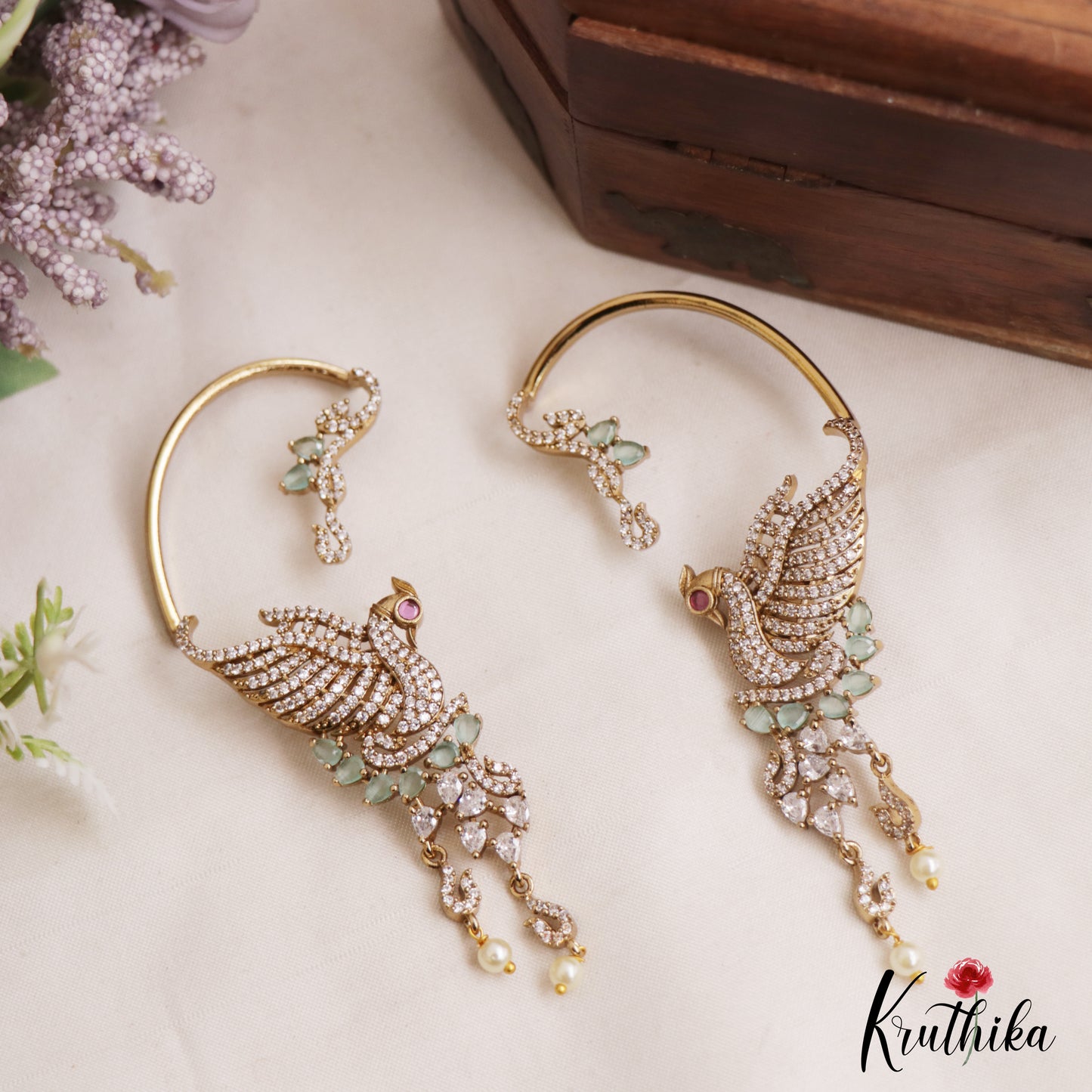 Simple Trendy CZ Sparkling Victorian Peacock Earcuff E676 (Available in 5 Colors)