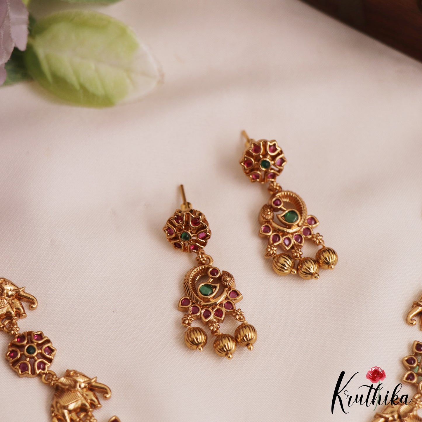 Simple Antique Floral Elephant Motifs With Golden Bead Drops NC2782