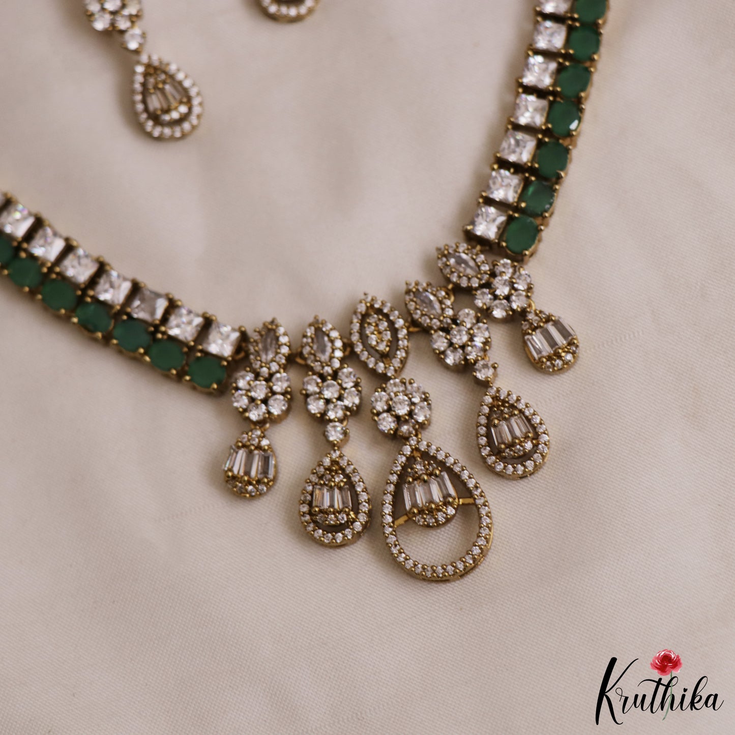 Beautiful Floral Teardrop Motifs AD Victorian Choker NC2963 (Available In 2 Colors)