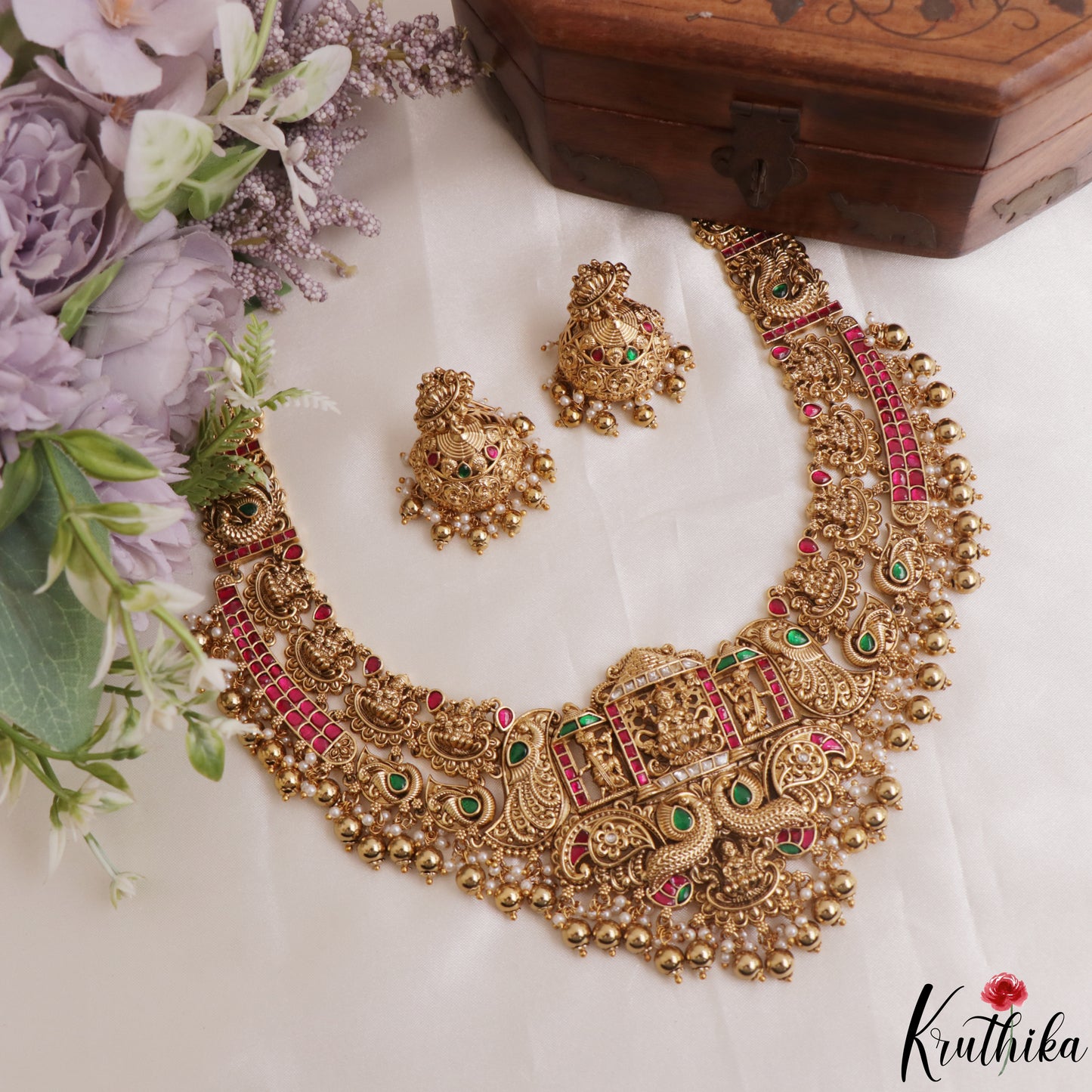 Premium Antique Nagas Lakshmi Peacock Motifs Jadau Necklace With Golden Bead Drops NC3107