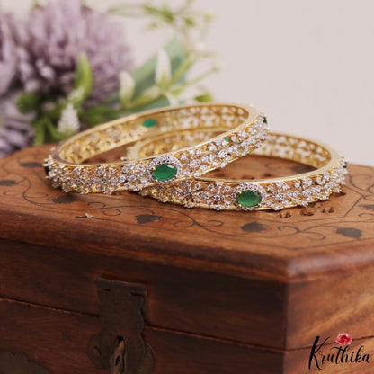 Elegant Floral Diamond-Finish Gold-Tone CZ Bangles B578 (Set of 2)|(Available In 2 Colors)