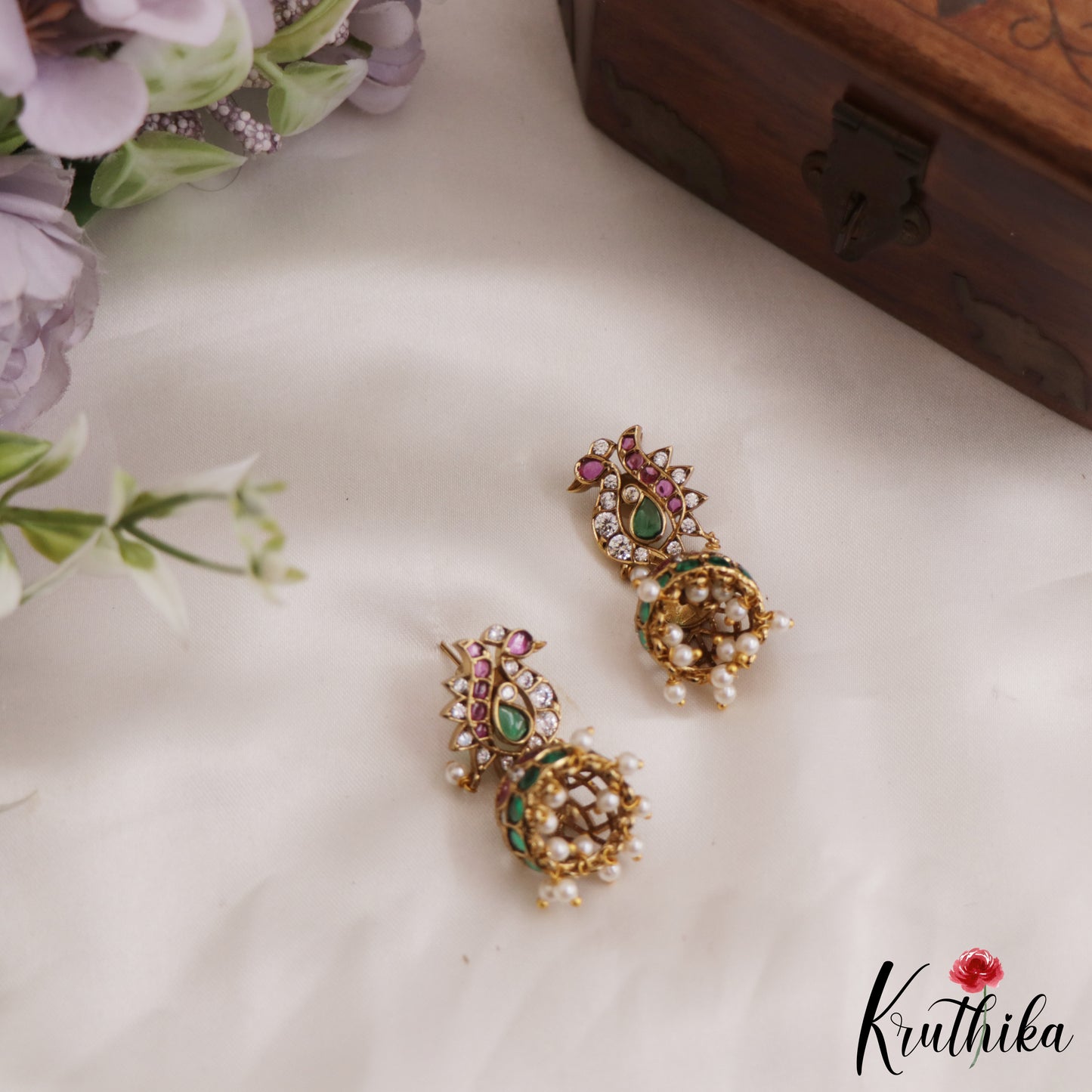 Elegant Peacock AD Jhumka Earrings With Pearl Drops E878 (Available In 3 Colors)
