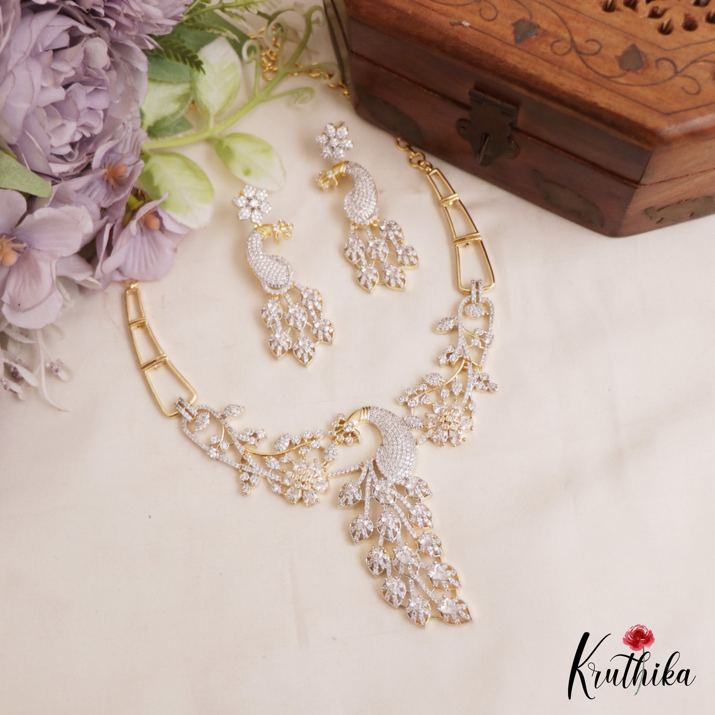 Sparkling Peacock Motifs Gold-Tone Diamond-Finish AD Choker NC2869