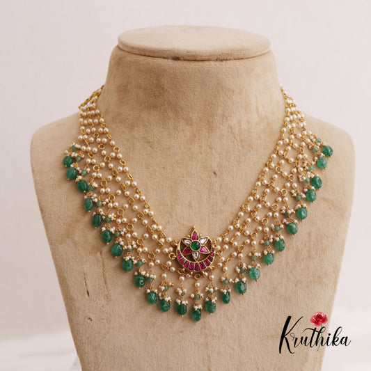 Elegant Floral Pendant Multi Strand Pearl Beads Necklace NC2659