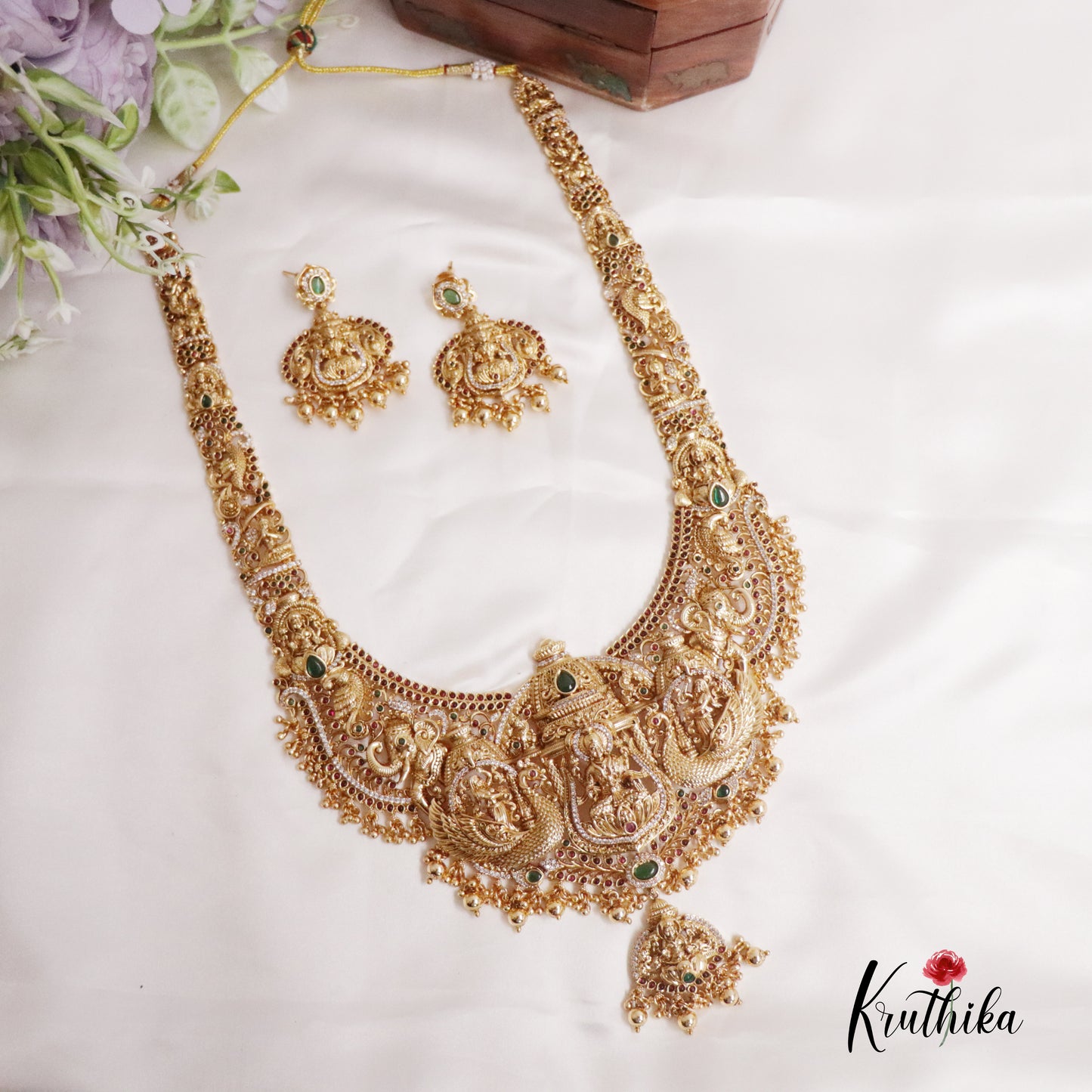 Premium Bridal Antique Temple Lakshmi Haaram with Beads Drops LH1945 (Available in 2 Colors)