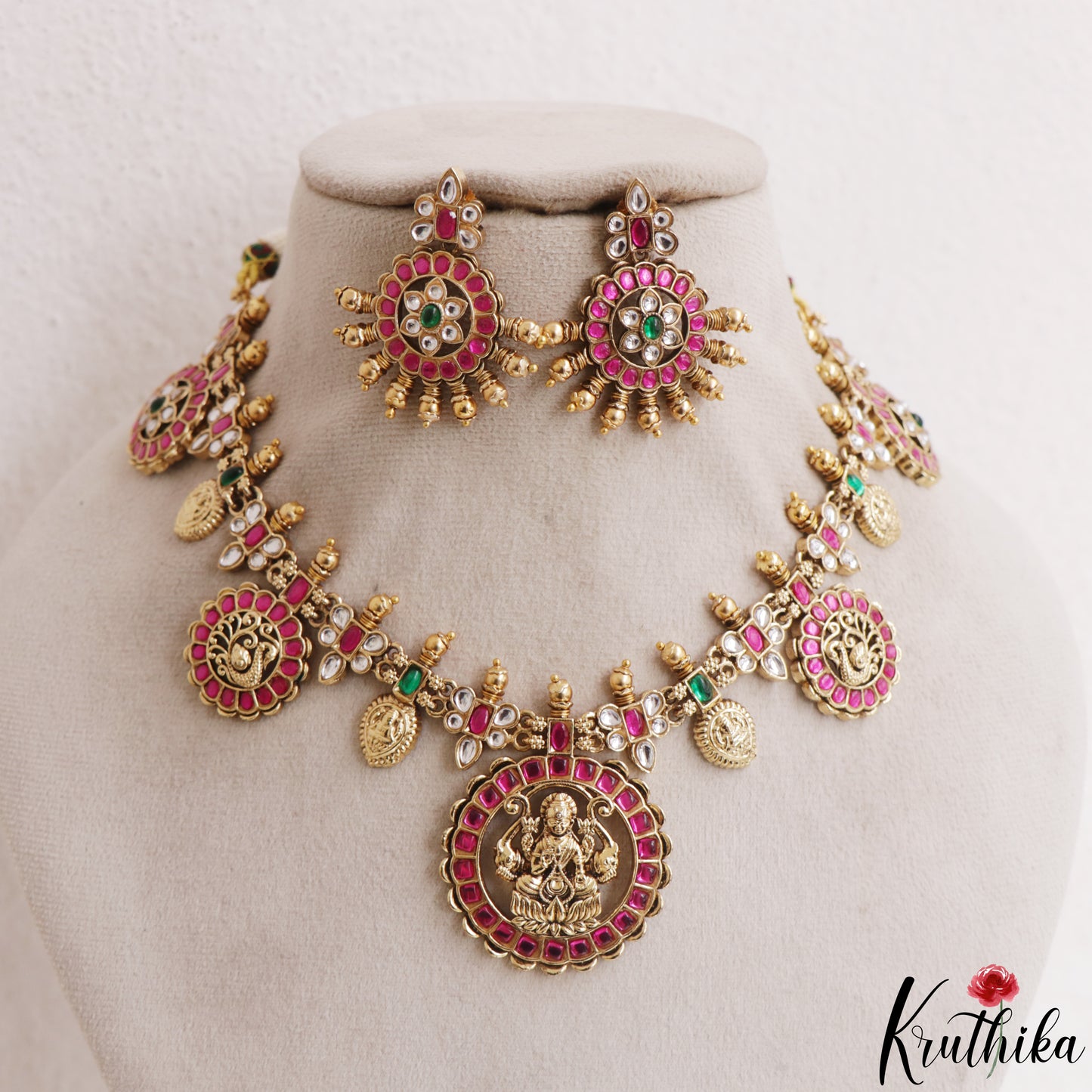 Traditional Antique Lakshmi Peacock Motifs Jadau Necklace NC3138