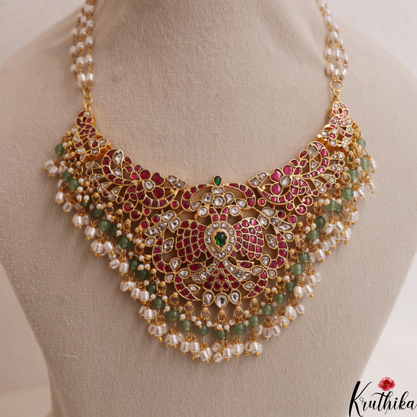 Gorgeous Peacock Motifs Guttapoosalu Jadau Necklace With Pearl Bead Drops NC3013