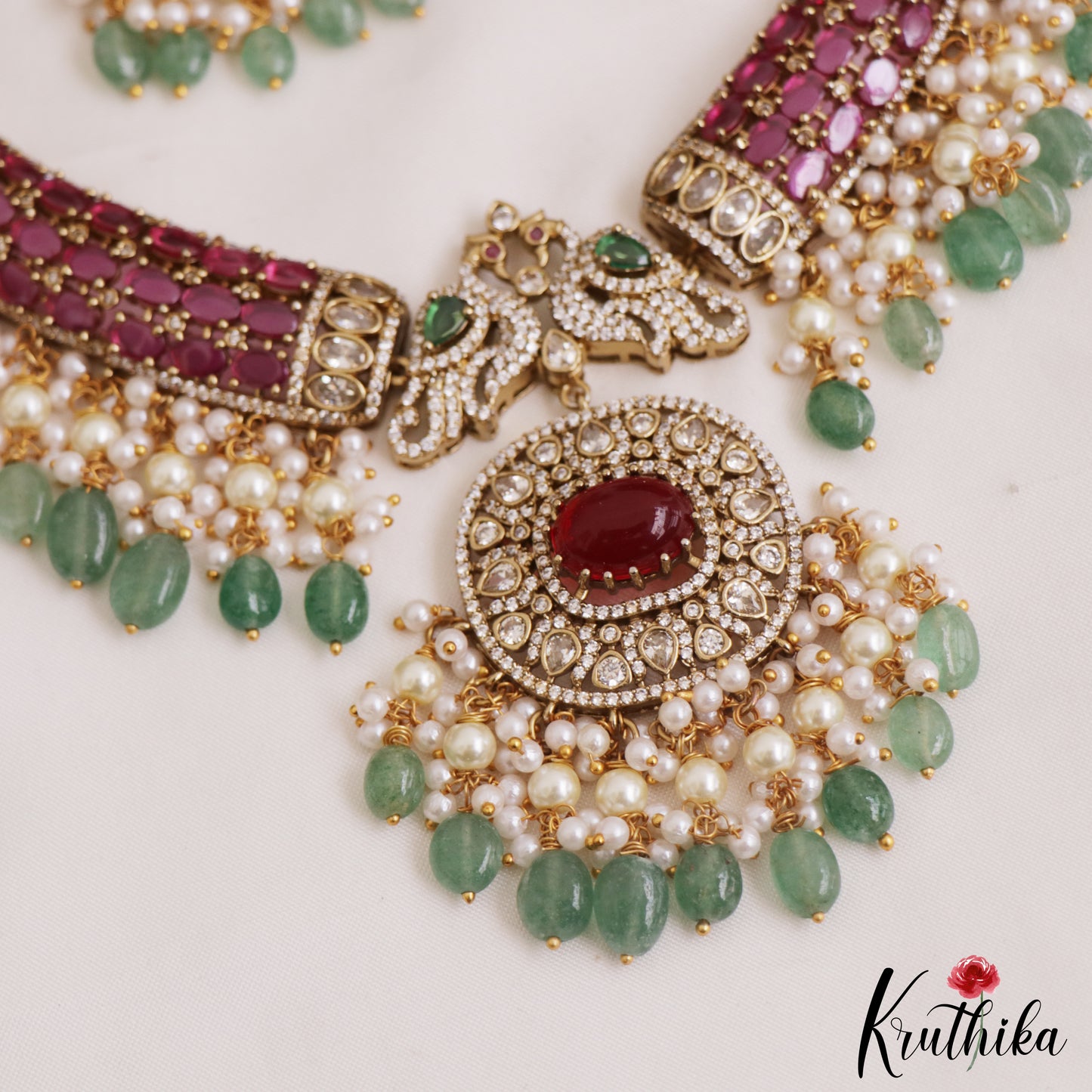 Gorgeous Peacock Motifs AD Choker With Pearl Bead Drops NC2798