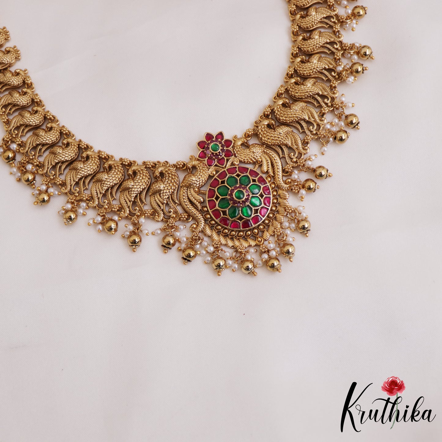 Gorgeous Antique Floral Peacock Motifs Jadau Haaram With Bead Drops LH2048 (Available In 4 Colors)