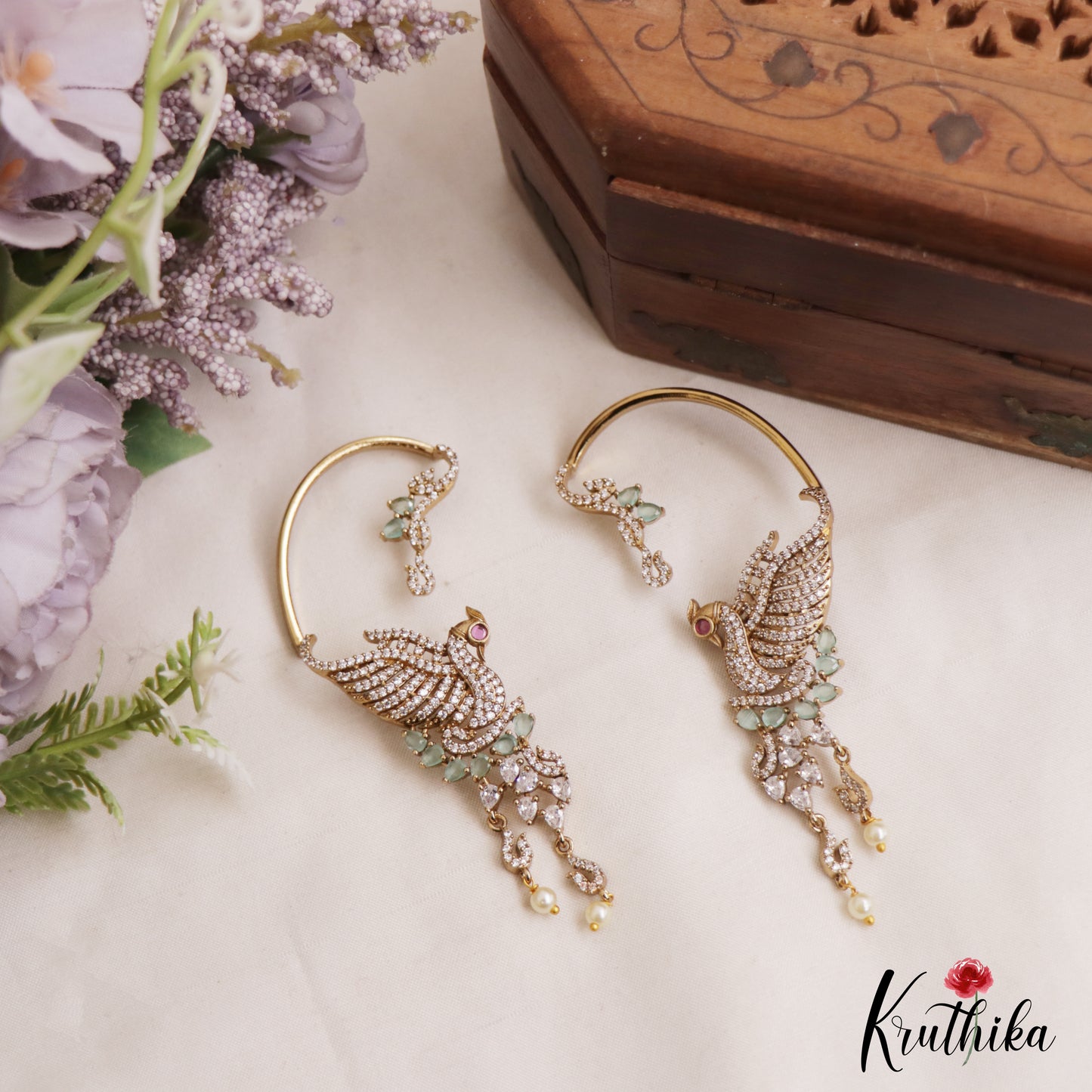 Simple Trendy CZ Sparkling Victorian Peacock Earcuff E676 (Available in 5 Colors)