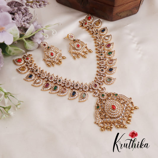 Gorgeous CZ Multi Colour Mango Necklace With Golden Bead Dropps NC2589