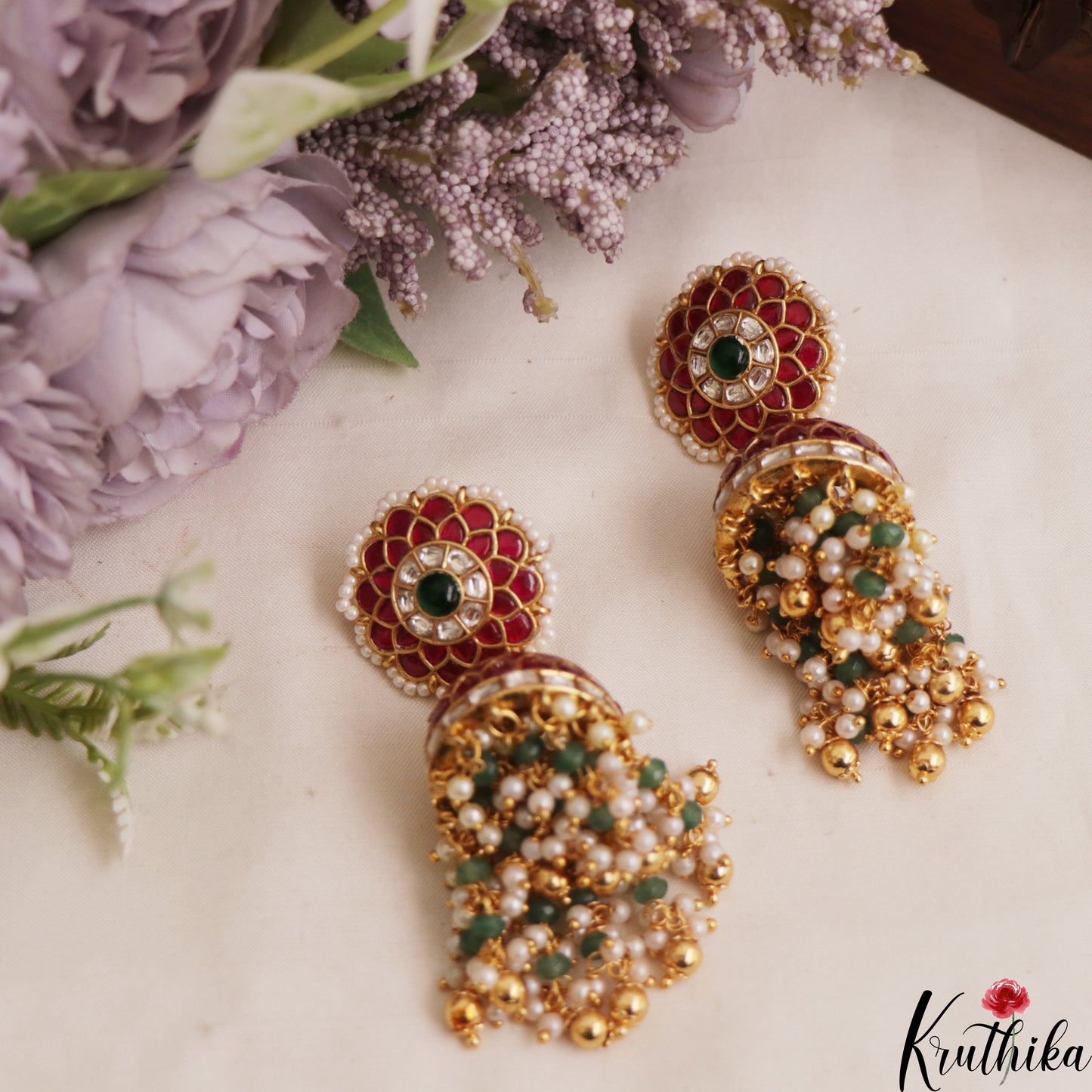 Gorgeous Floral Motifs Jadau Jhumkas With Pearl And Bead Drops E1068