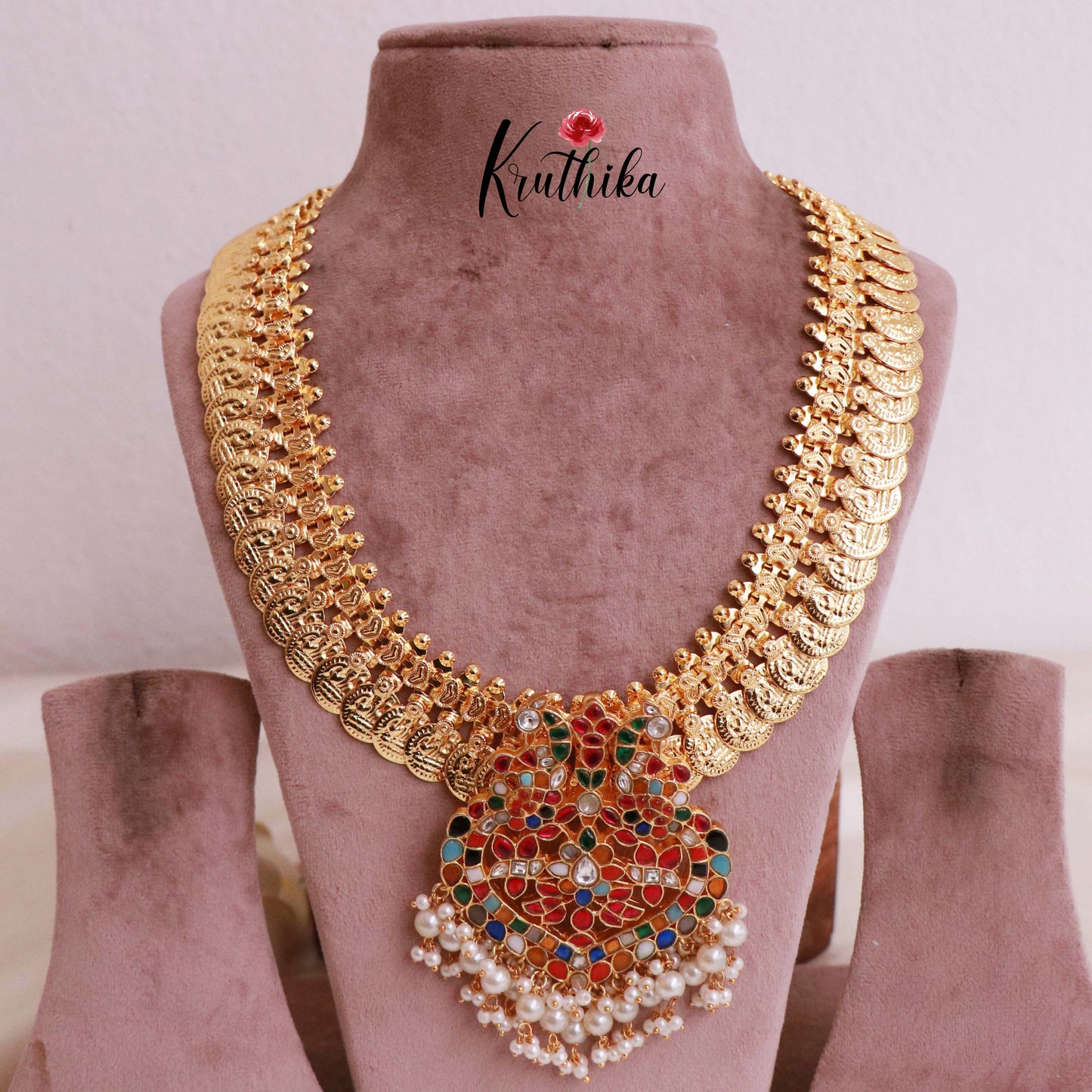 Premium Gold Finish Laxmi Coin Necklace With Jadau Pendant Multi Colour LH1782