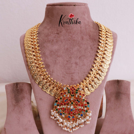 Premium Gold Finish Laxmi Coin Necklace With Jadau Pendant Multi Colour LH1782
